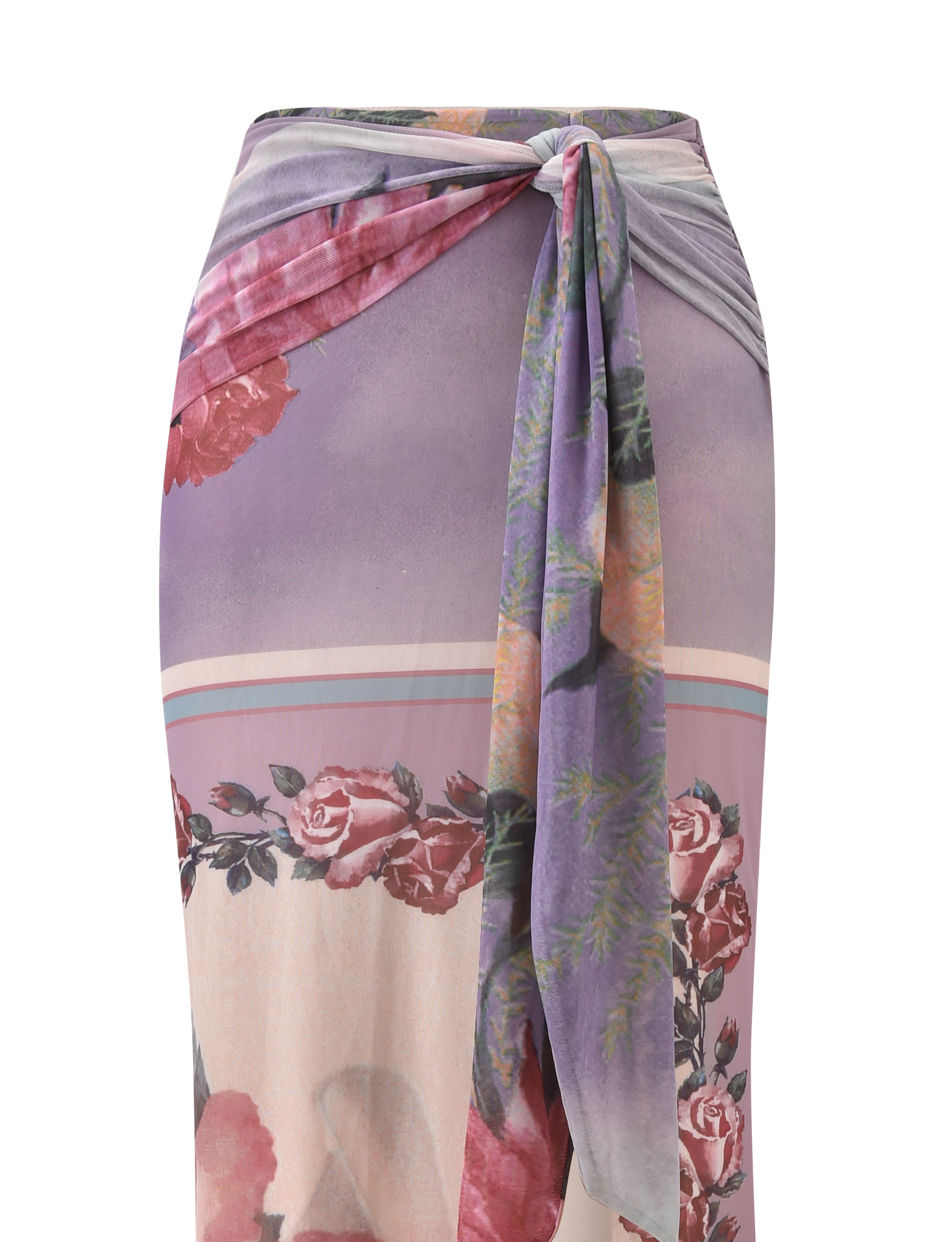 The RAFFIE MAXI SKIRT - POSTCARD FLORAL by TIGERMIST is a high-waisted maxi skirt with a knot front, gathered waist tie, and rose print in purple, pink, and beige.