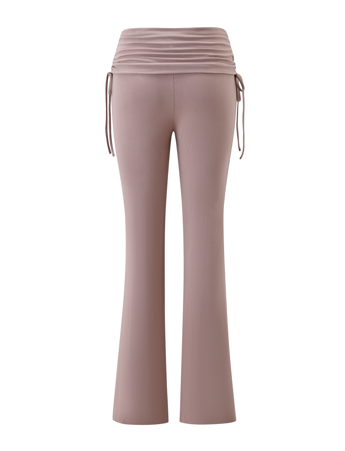 The HALONA PANT - MOCHA by TIGERMIST features high-waisted flare pants with a ruched waistband and adjustable side ties, shown from the back on a white background.