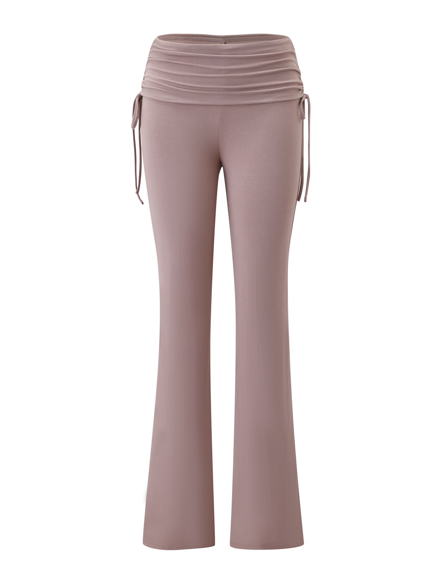 The TIGERMIST HALONA PANT - MOCHA features a high-waisted, flared silhouette in mocha with a ruched waistband and adjustable side drawstrings, shown against a plain white background.
