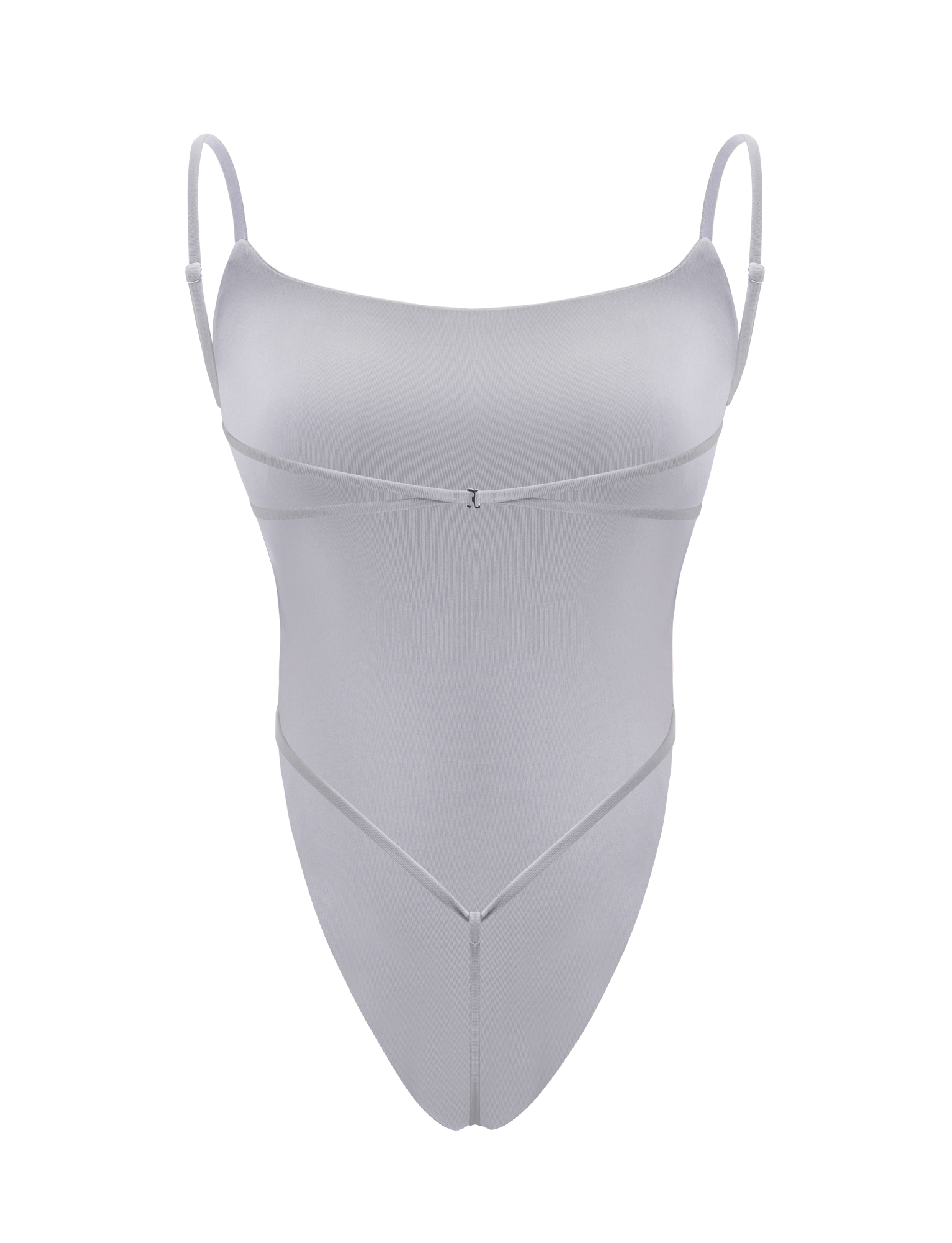 The TIGERMIST MINERVA BODYSUIT - FROST GREY features spaghetti straps, a scoop neckline, and thin decorative straps crossing under the bust and waist. This bodycon style is shown against a plain white background.