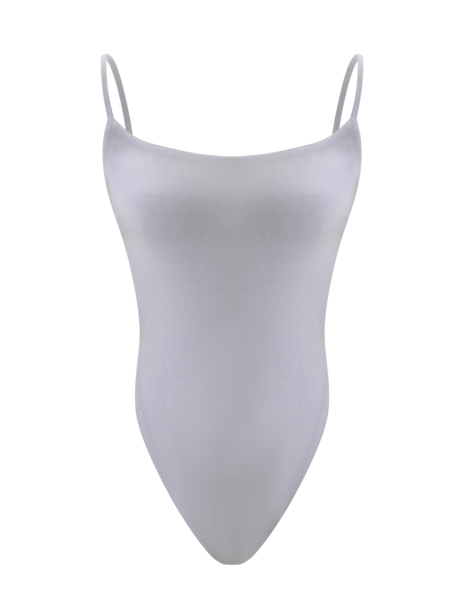 The MINERVA BODYSUIT - FROST GREY by TIGERMIST is a fitted, plain light gray bodycon piece with thin spaghetti straps, a backless design, and high-cut legs, shown on a white background.