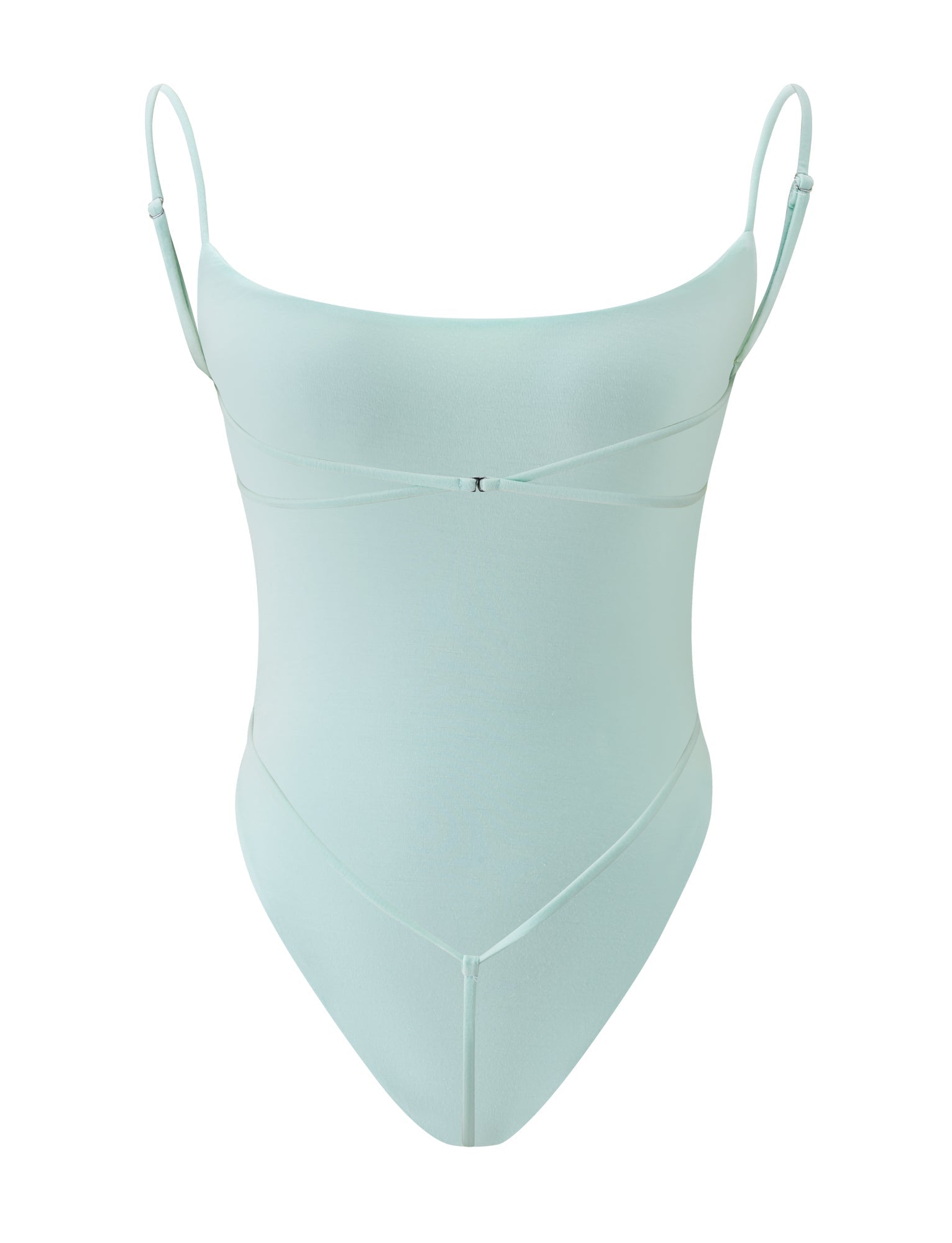 The MINERVA BODYSUIT by TIGERMIST comes in a refreshing mint shade and features thin adjustable shoulder straps, a scoop neckline, and subtle seam detailing at the waist and hips—perfect for those seeking the effortless style of a summer bodysuit.