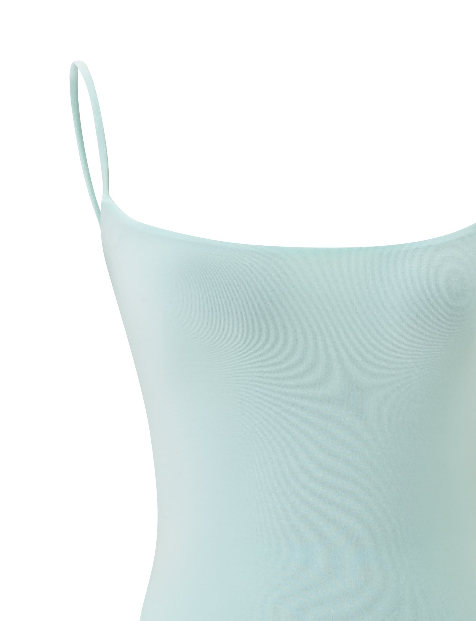 The MINERVA BODYSUIT by TIGERMIST is a mint-colored, sleeveless garment with thin spaghetti straps, shown from the chest up against a white background. The smooth and stretchy fabric makes it an ideal summer bodysuit.
