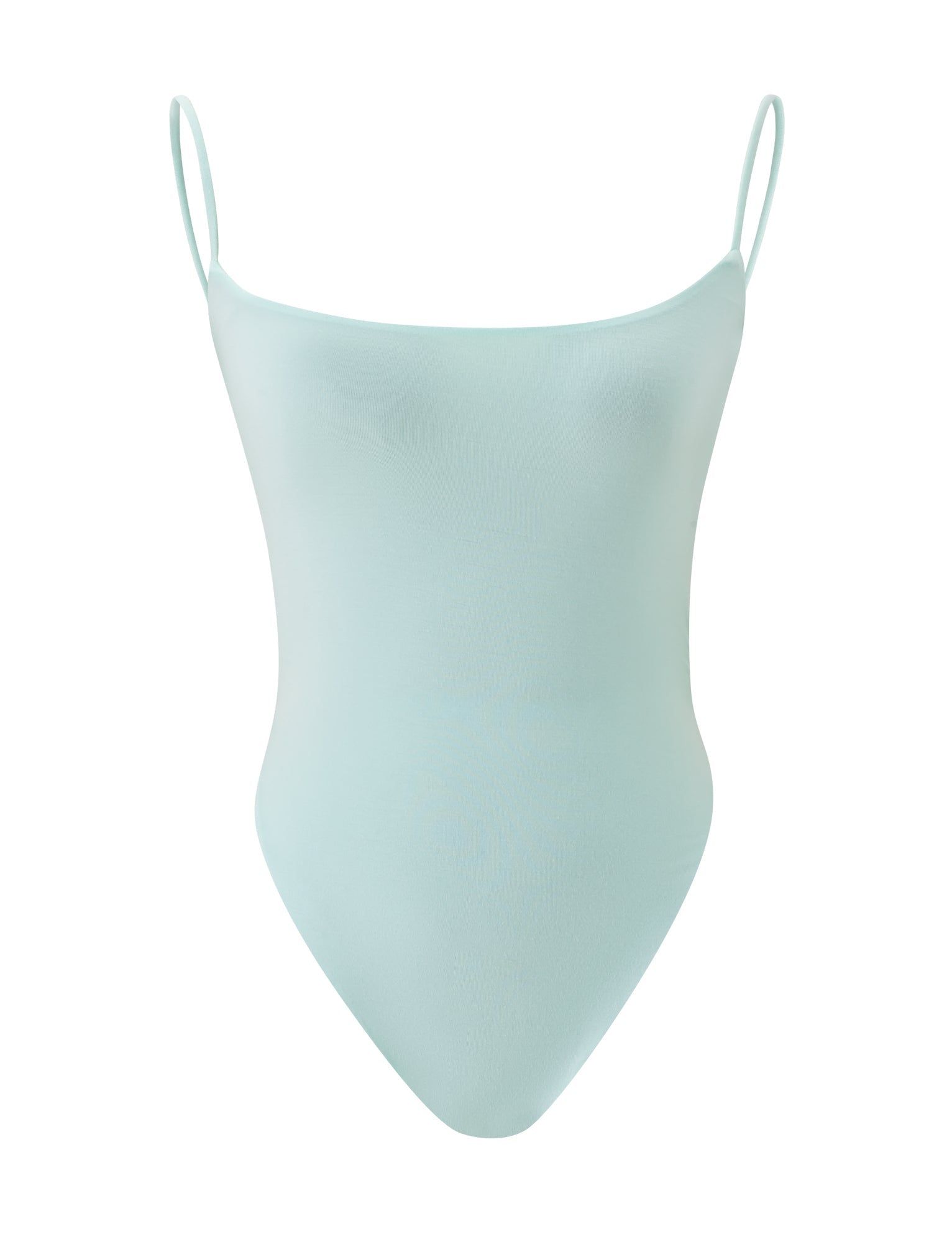 The MINERVA BODYSUIT by TIGERMIST is a mint one-piece swimsuit featuring thin shoulder straps and a smooth, seamless design, reminiscent of a summer bodysuit, displayed on a plain white background.