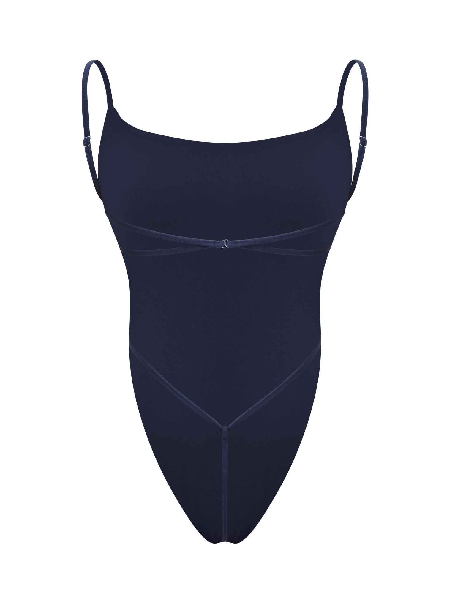 The TIGERMIST MINERVA BODYSUIT - NAVY is a sleek, backless one-piece with thin adjustable straps and subtle seam detailing, shown against a white background.