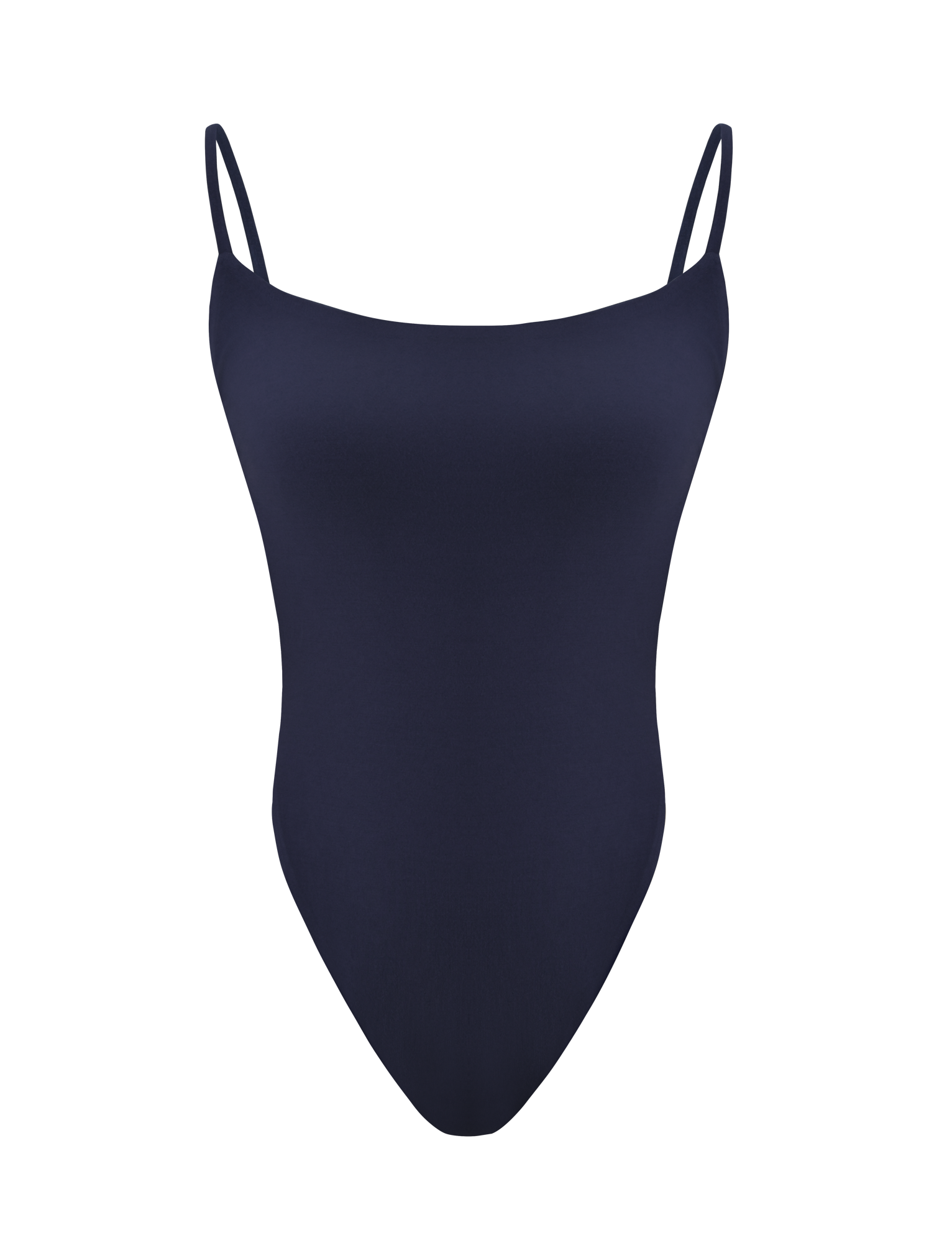 The TIGERMIST MINERVA BODYSUIT - NAVY is a sleek one-piece with thin shoulder straps and a straight neckline, shown on a plain white background.