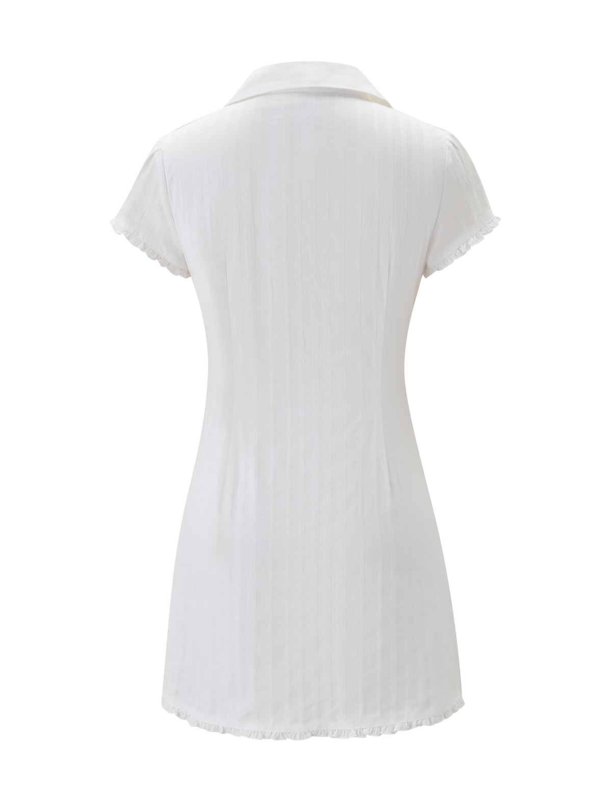 Back view of the VALERIE MINI DRESS - WHITE by TIGERMIST, featuring subtle vertical stripes, ruffled short sleeves and hem, and a collared neckline, shown against a plain white background.