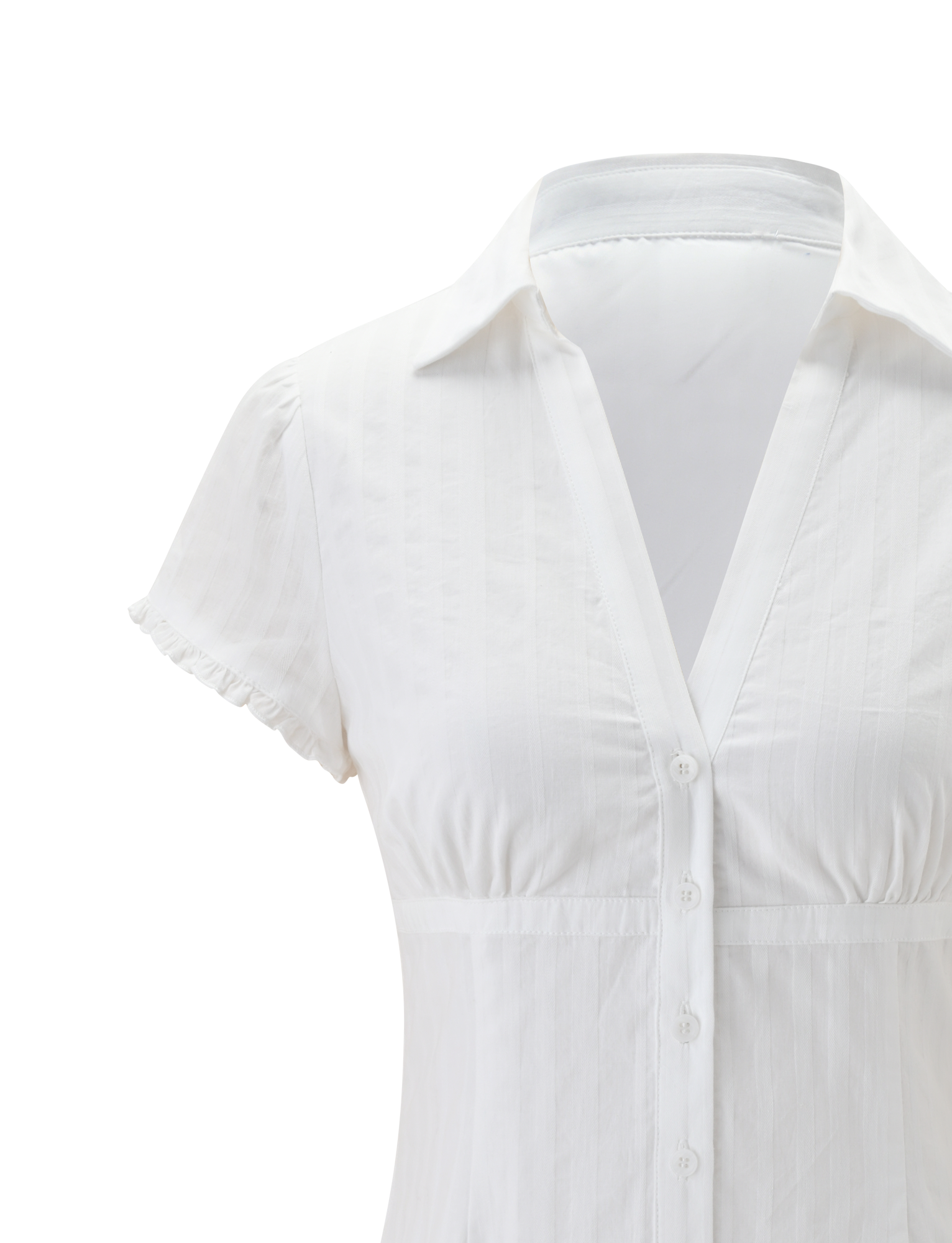 The VALERIE MINI DRESS - WHITE by TIGERMIST features a v-neckline, collar, short sleeves, front buttons, and subtle vertical stripes for timeless elegance, shown on a plain white background.