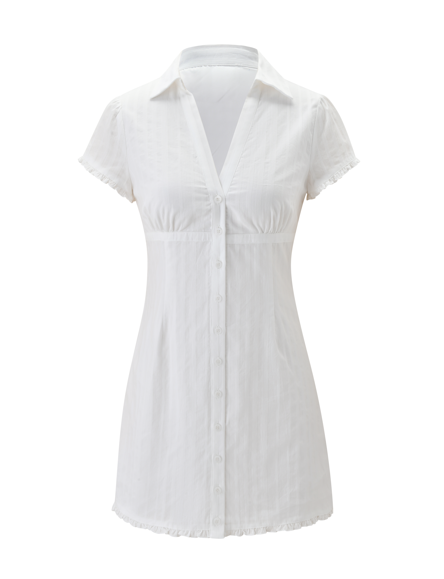 The VALERIE MINI DRESS in white by TIGERMIST features short sleeves, a V-neck, fitted waist, subtle textured pattern, and charming collar with ruffle details—displayed on a plain white background. Perfect for any occasion.