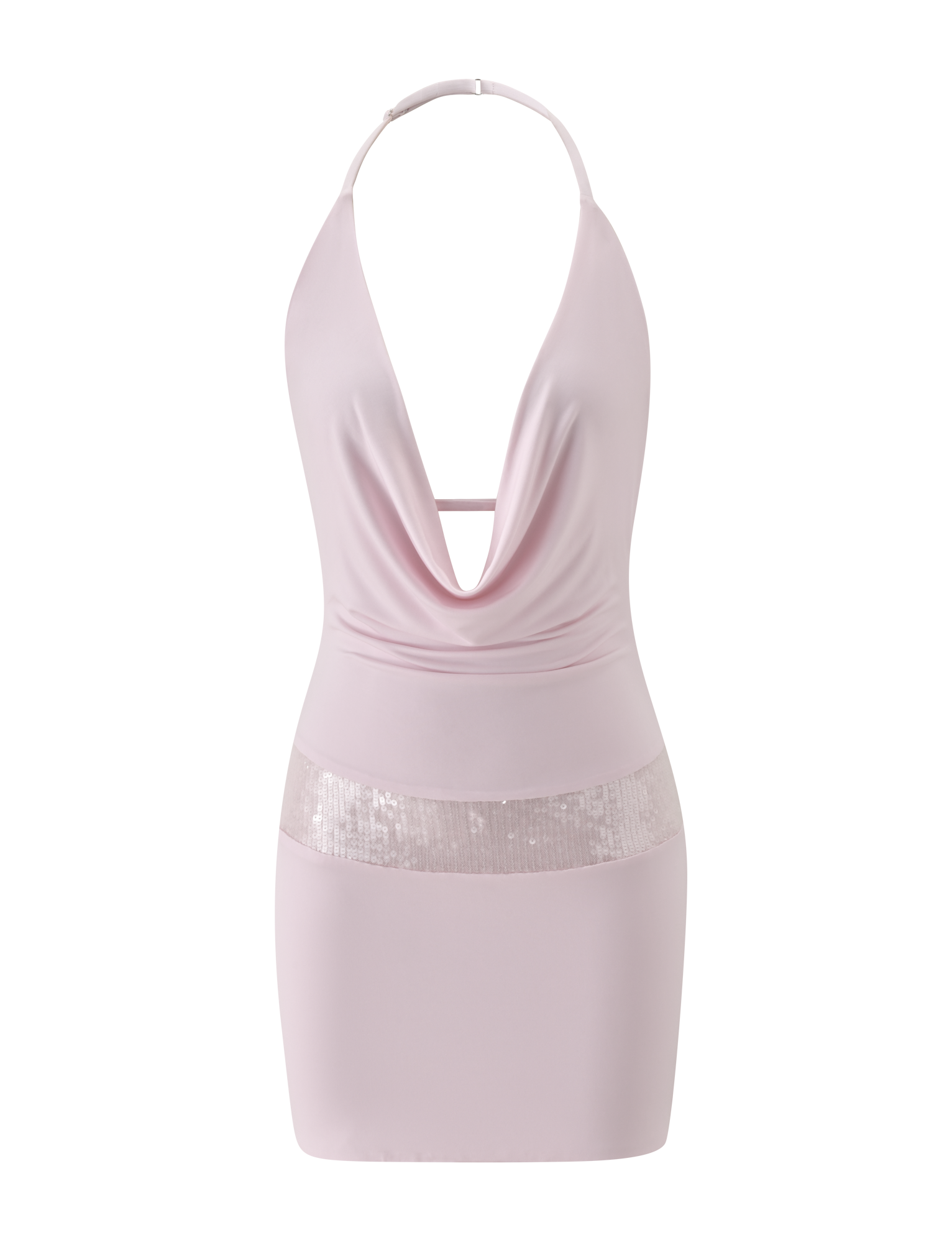 The THARA MINI DRESS by TIGERMIST features a light baby pink hue, halter neck, plunging cowl neckline, wide sequin waist panel, and fitted silhouette, displayed on a plain white background.