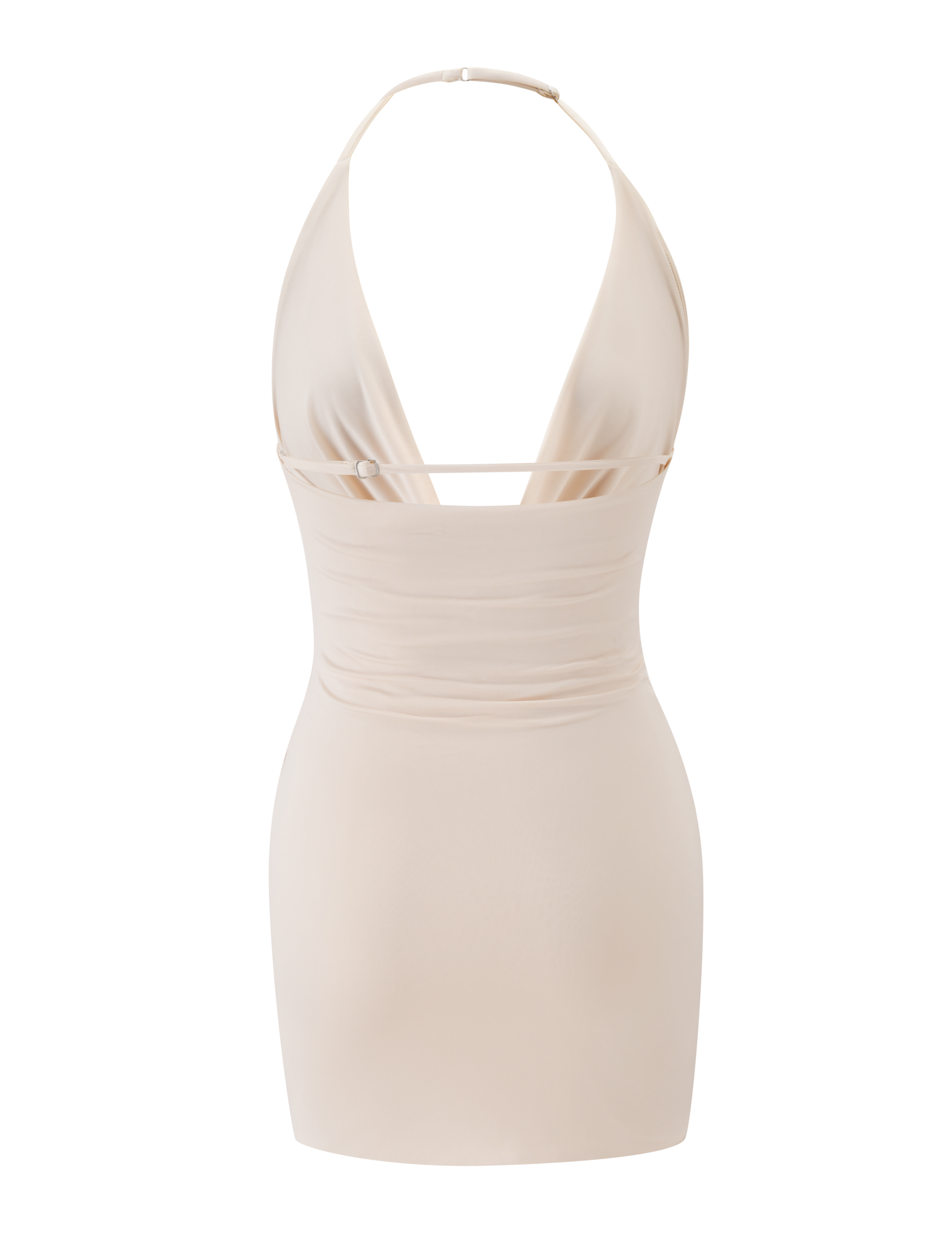 The THARA MINI DRESS - CREAM by TIGERMIST is a fitted cream mini with an adjustable halter neck, thin straps, deep V-cut front, ruched waist, and a sleek minimalist style for an effortlessly chic look.