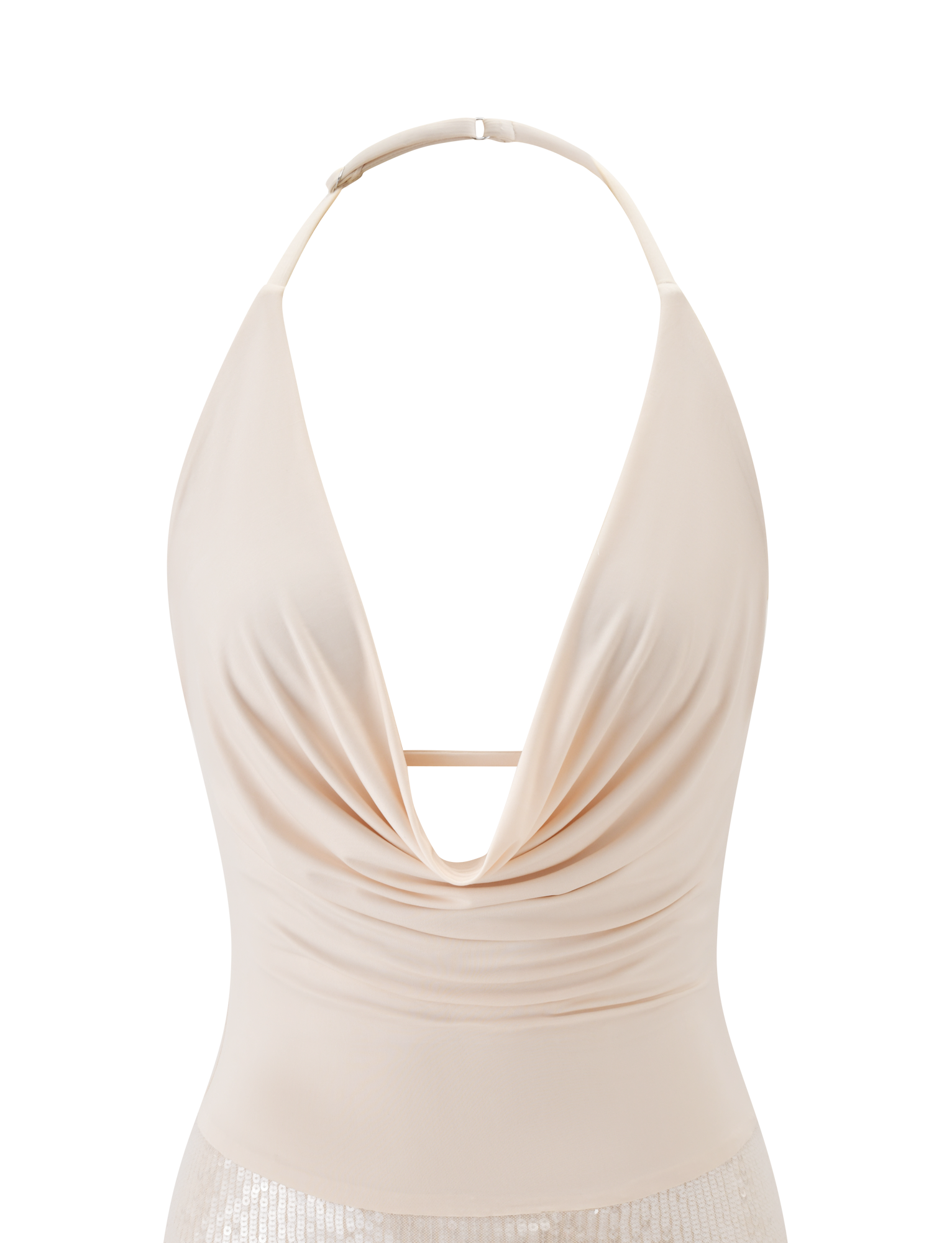 The TIGERMIST THARA MINI DRESS in cream features a sleeveless halter neck with an adjustable tie, plunging draped neckline, and gathered front, showcased against a plain white background.