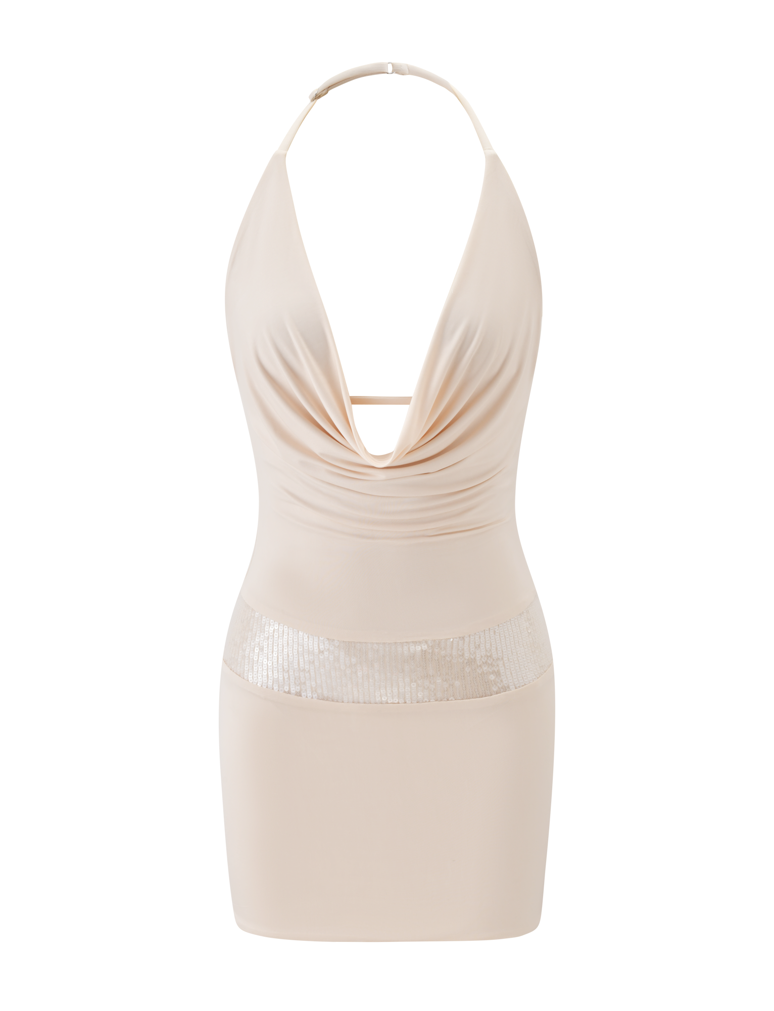 The TIGERMIST THARA MINI DRESS - CREAM is a sleeveless mini dress with an adjustable halter neck, deep plunging neckline, and shiny silver sequin waist panel for a chic, fitted silhouette.