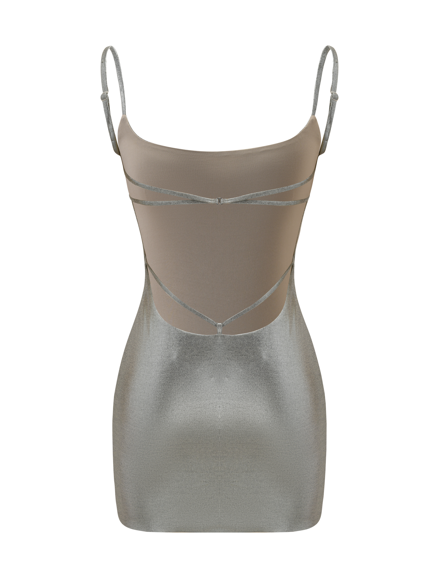 The TIGERMIST MINERVA MINI DRESS 2.0 - LIQUID SILVER is a sleeveless bodycon mini with thin adjustable straps and geometric seams in metallic silver and beige, shown on a plain white background.