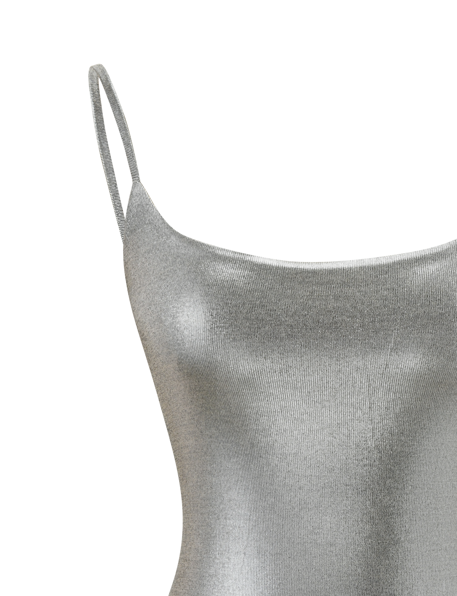 Close-up of the TIGERMIST MINERVA MINI DRESS 2.0 - LIQUID SILVER, featuring adjustable shoulder straps and a smooth, shiny metallic finish, displayed against a plain white background.