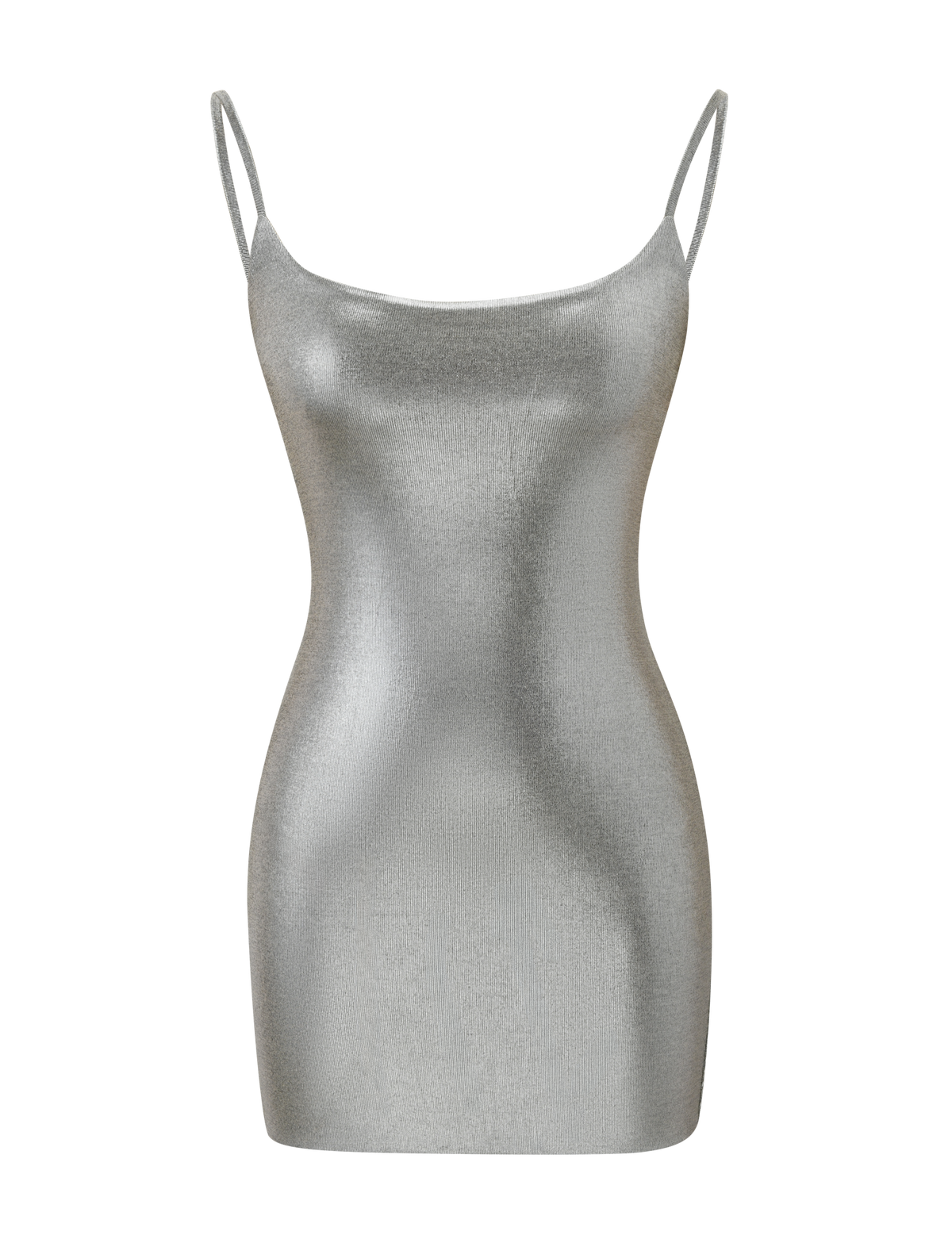 The TIGERMIST MINERVA MINI DRESS 2.0 in Liquid Silver features adjustable shoulder straps and a fitted bodycon silhouette, shown against a plain white background.