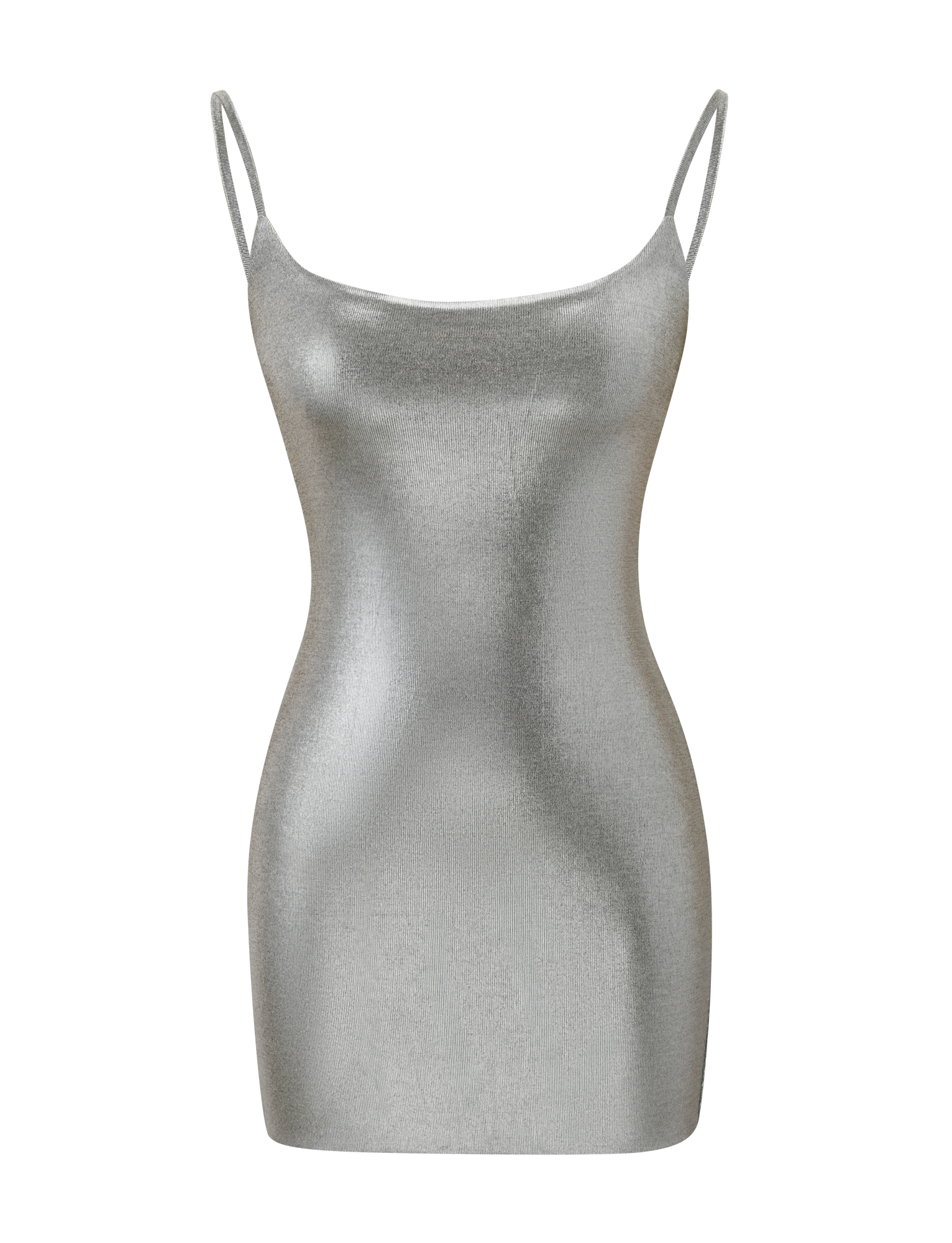 The TIGERMIST MINERVA MINI DRESS 2.0 in Liquid Silver features adjustable shoulder straps and a fitted bodycon silhouette, shown against a plain white background.