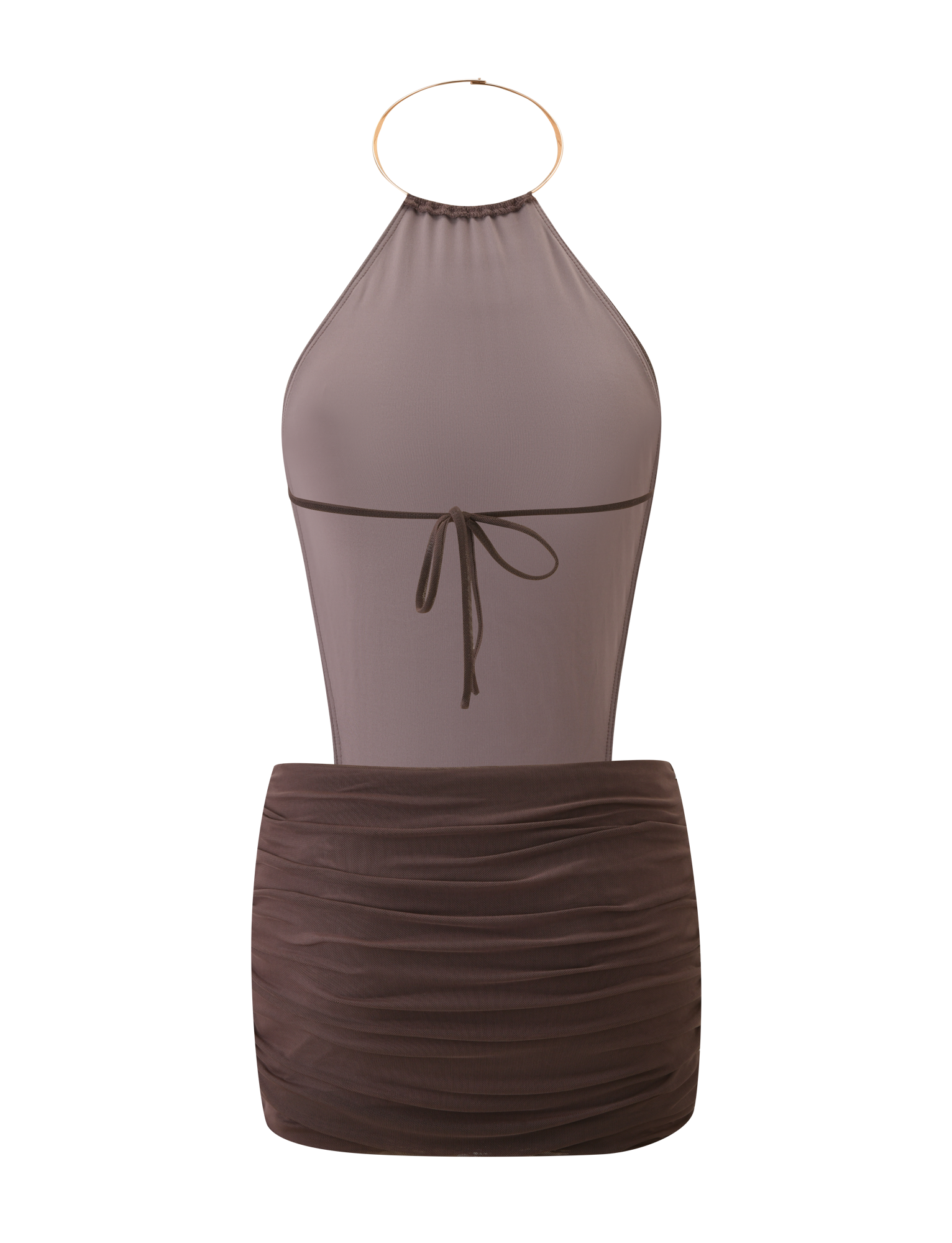 The TIGERMIST EVANNA MINI DRESS - MOCHA features a sleeveless halter style with a gold hoop neckline, sheer mesh bodice, tie-back detail, and ruched mini skirt. The high neck brown mini dress is shown on a white background.