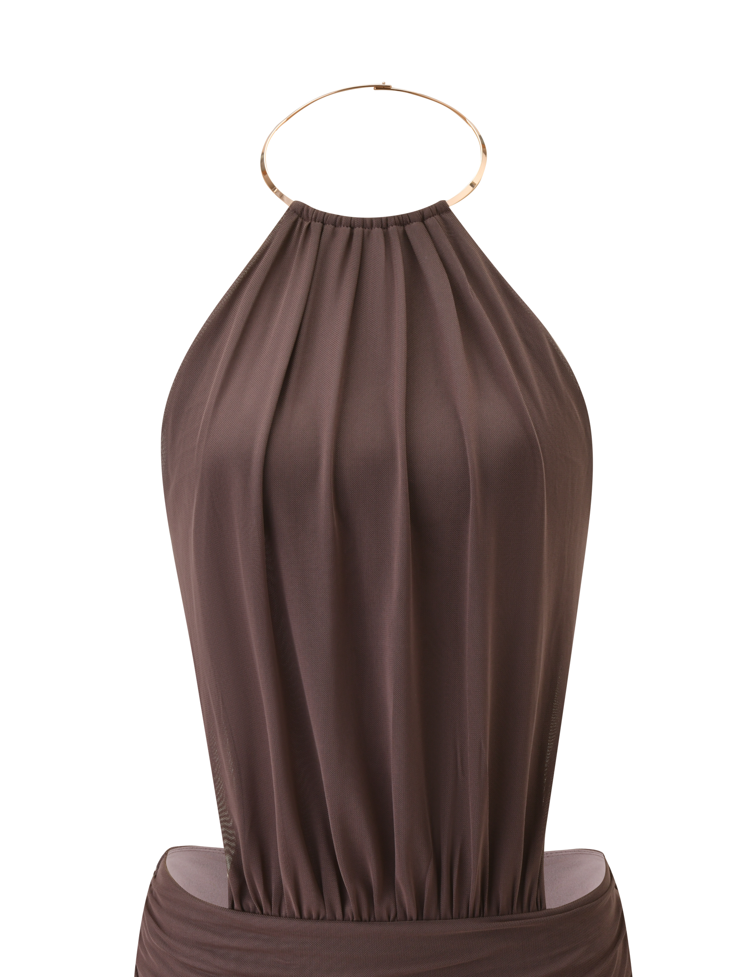 The TIGERMIST EVANNA MINI DRESS - MOCHA is a sleeveless, brown mini dress with a gold circular high neckline, softly pleated fabric at the neck, and a smooth, slightly shiny finish on a plain white background.