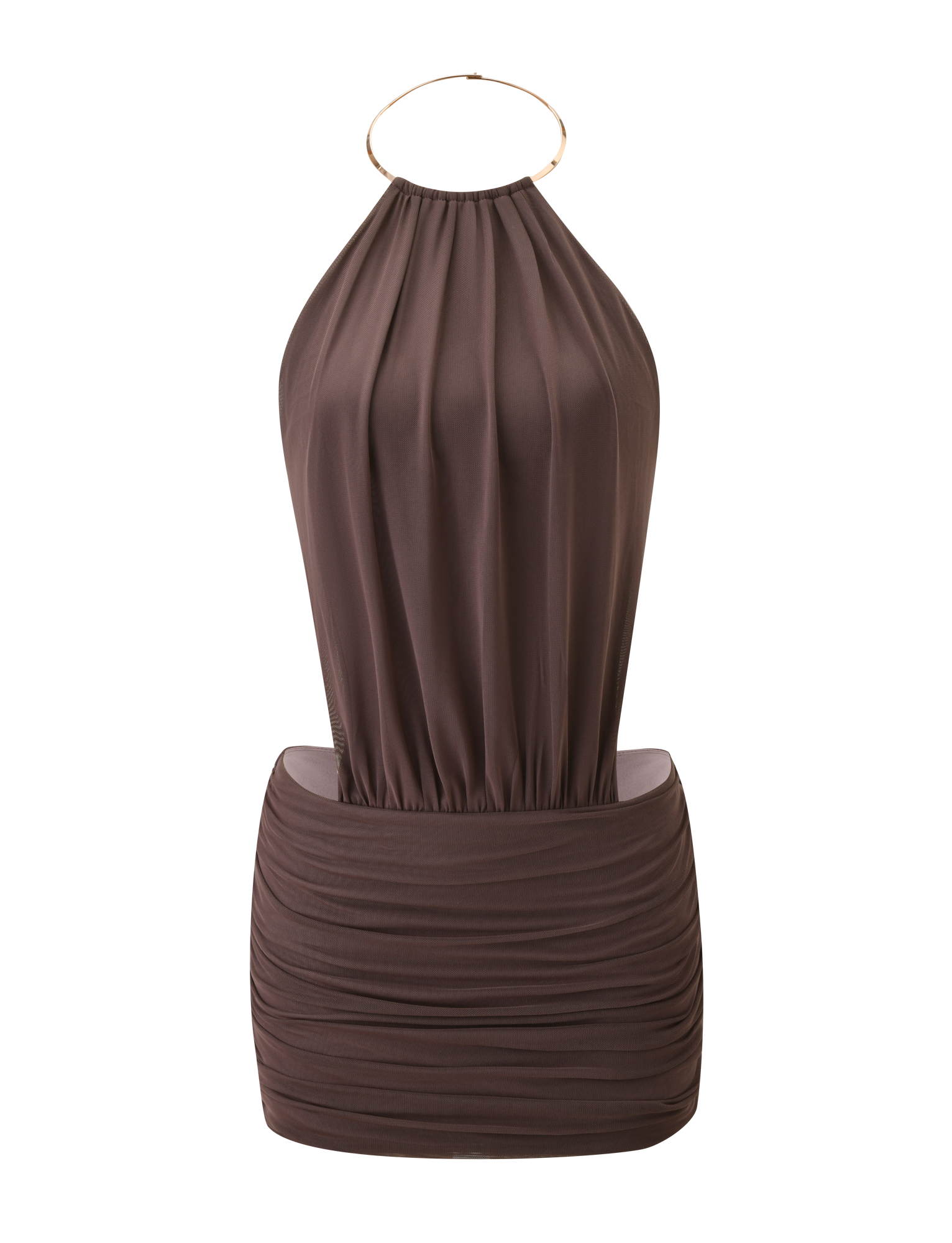 The TIGERMIST EVANNA MINI DRESS - MOCHA is a sleeveless mini dress with a halter-style high neck and gold hoop detail. It features a loose, draped bodice and fitted, ruched skirt, shown against a plain white background.