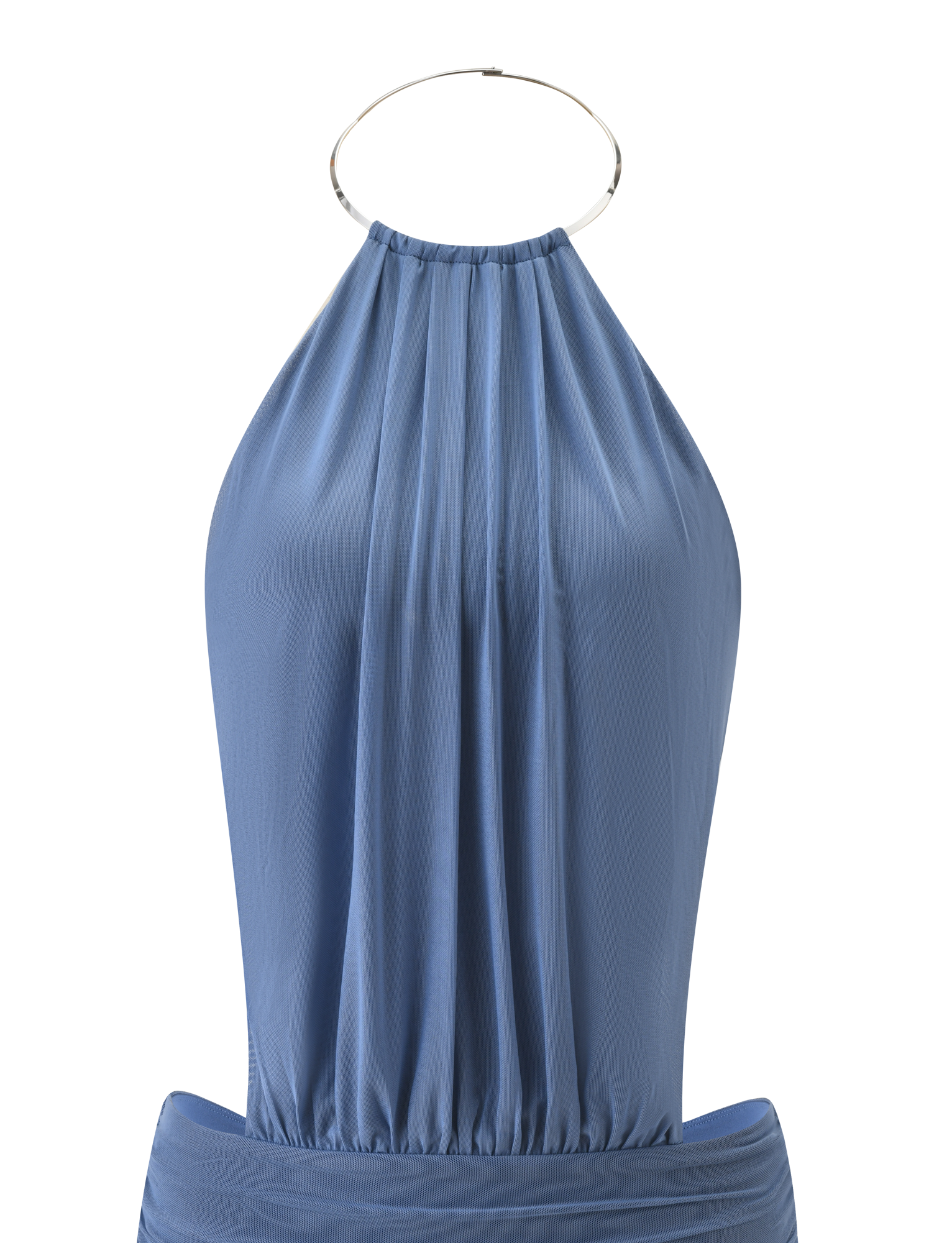 The TIGERMIST EVANNA MINI DRESS in slate blue features a sleeveless design with pleated fabric and a metallic circular neckline, shown against a white background.