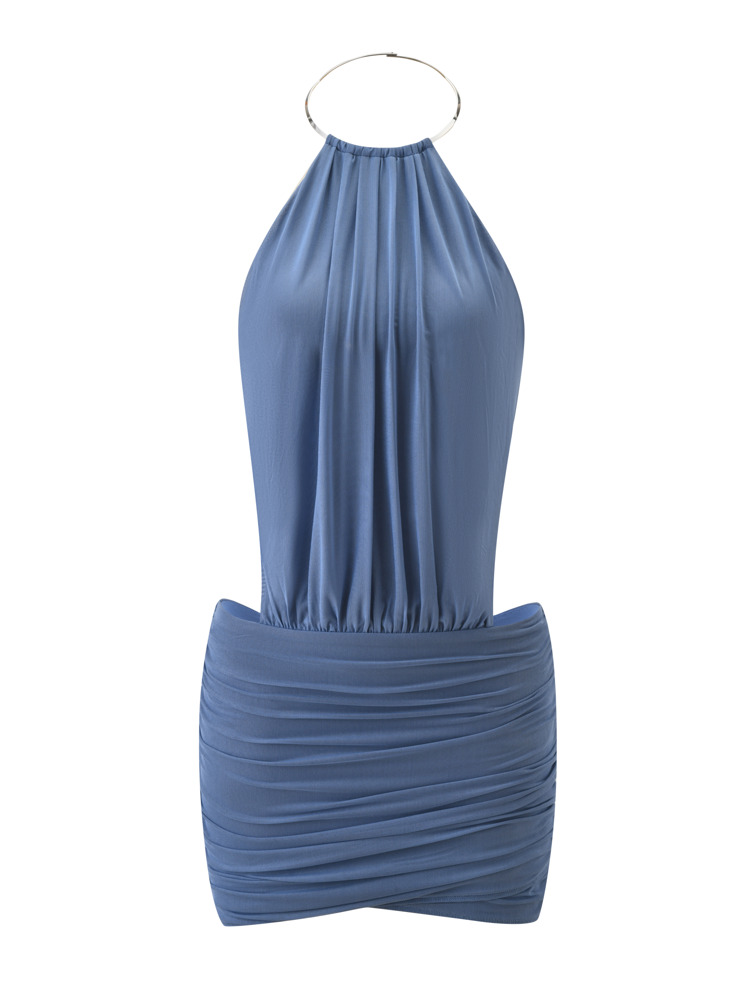 TIGERMIST EVANNA MINI DRESS in slate blue features a sleeveless design, metallic neck ring, ruched bodice, fitted skirt, and silky fabric gathered at the waist for an elegant, flattering silhouette.