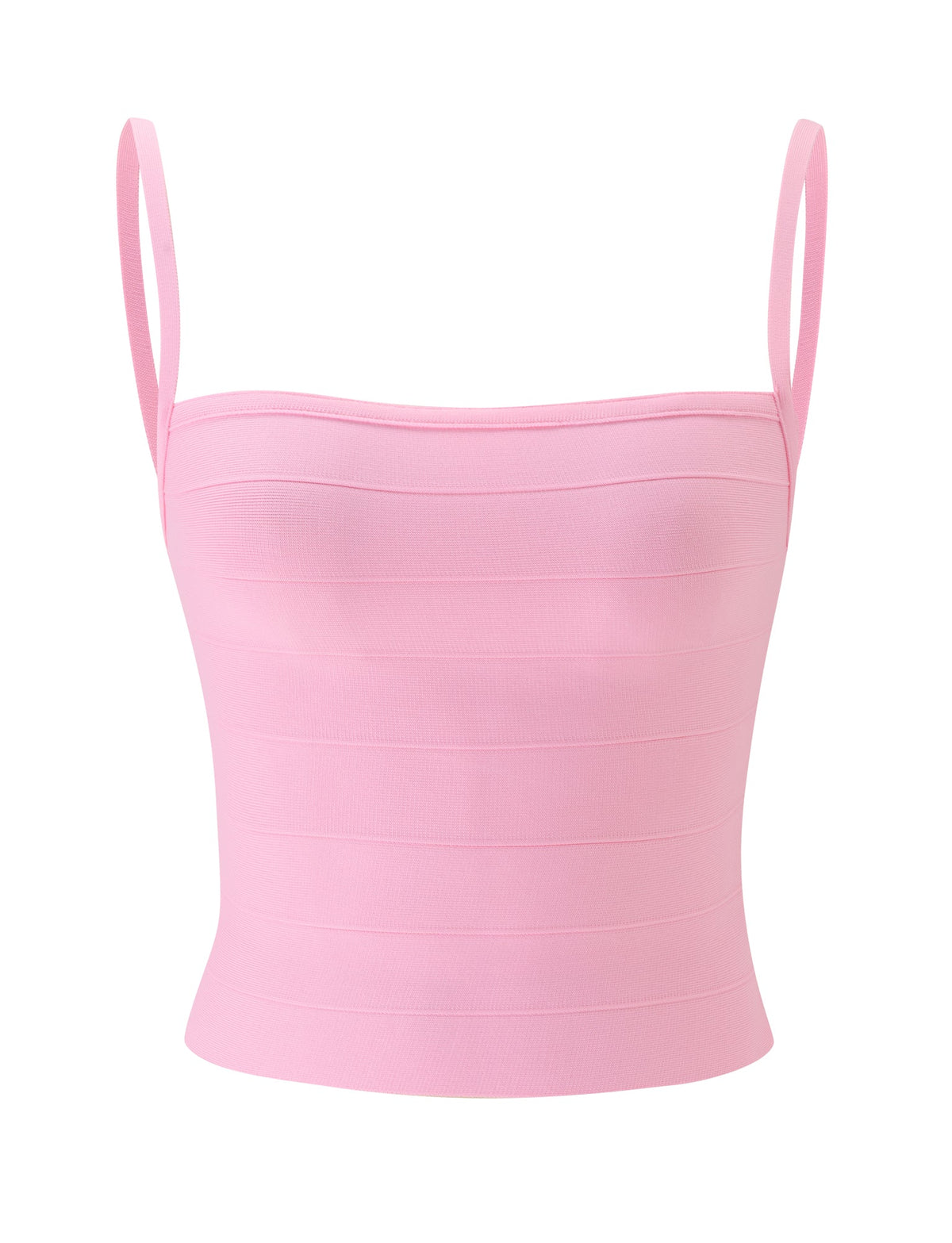 The MIDORI BANDAGE TOP - BABY PINK by TIGERMIST is a sleeveless bandage tank top in light pink, featuring a fitted silhouette, thin spaghetti straps, and a straight neckline, shown against a white background.
