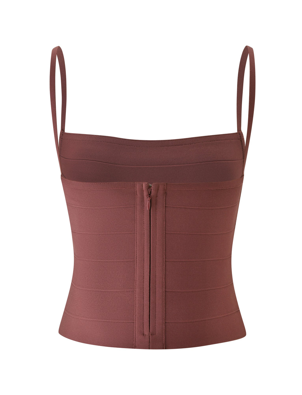 The MIDORI BANDAGE TOP - COCOA by TIGERMIST is a fitted, cocoa brown tank top with a bandage style, sleeveless square neckline, thin straps, and a visible back zipper, shown against a white background.
