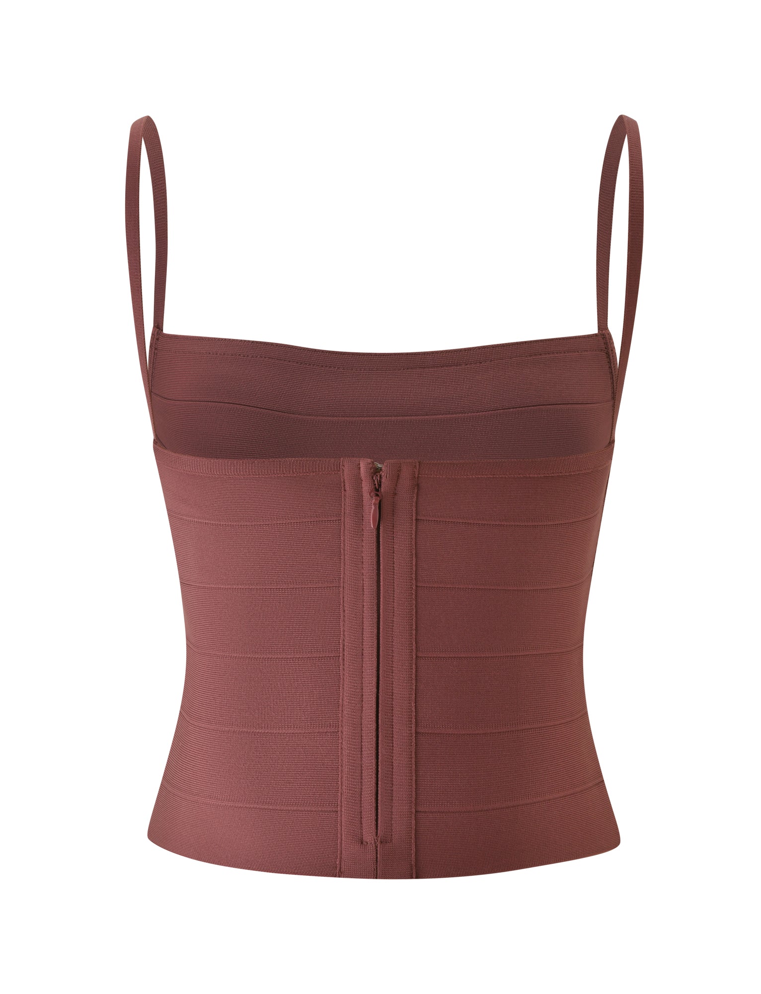 The MIDORI BANDAGE TOP - COCOA by TIGERMIST is a fitted, cocoa brown tank top with a bandage style, sleeveless square neckline, thin straps, and a visible back zipper, shown against a white background.