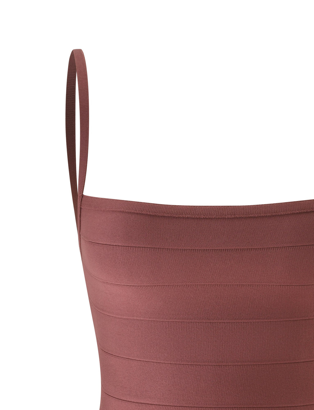 A close-up of the TIGERMIST MIDORI BANDAGE TOP in cocoa, featuring horizontal textured bands, a square neckline, and a single thin strap, set against a white background.