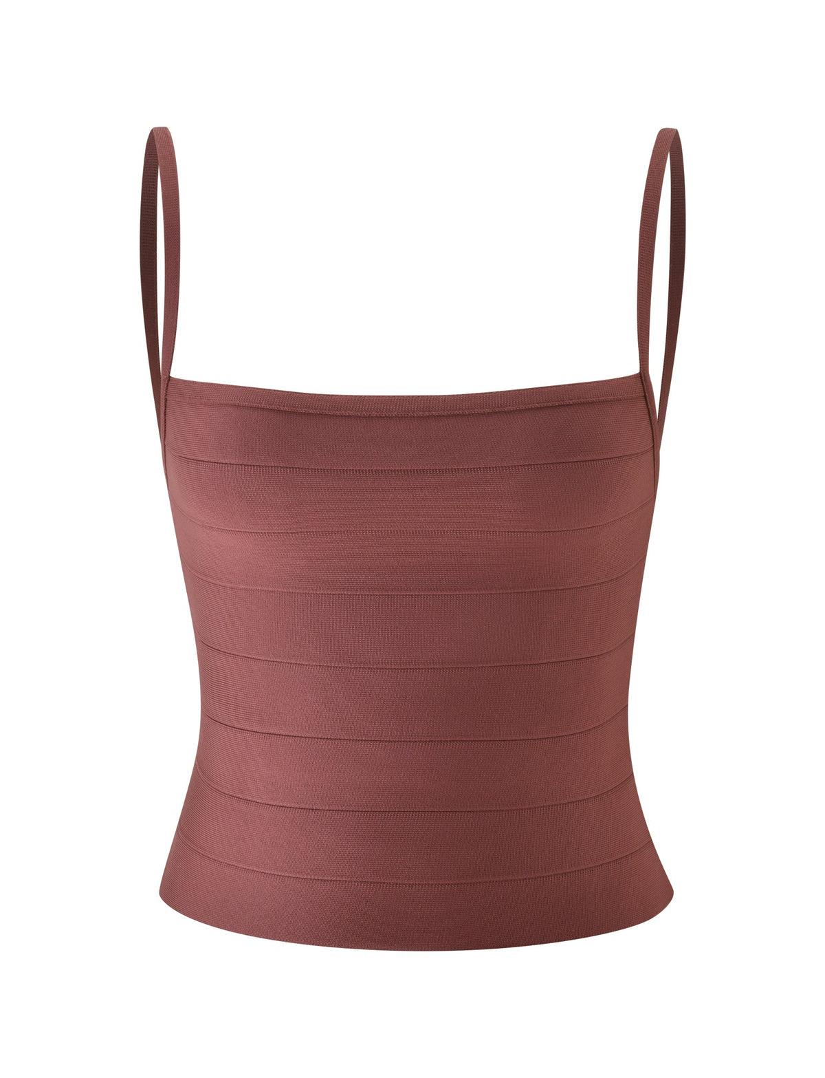 The MIDORI BANDAGE TOP - COCOA by TIGERMIST is a sleeveless, fitted crop top in a rich cocoa brown, featuring a bold square neckline, slim spaghetti straps, and horizontal ribbed detailing, shown against a plain white background.
