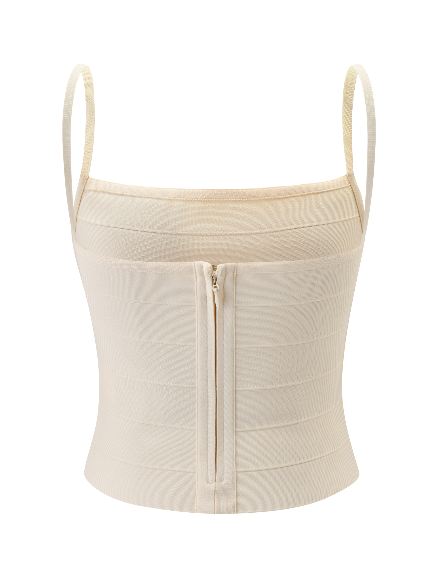 The MIDORI BANDAGE TOP in cream by TIGERMIST features thin shoulder straps, horizontal seam details, and a central front zipper. The structured fabric provides a fitted, streamlined silhouette for a flattering look.