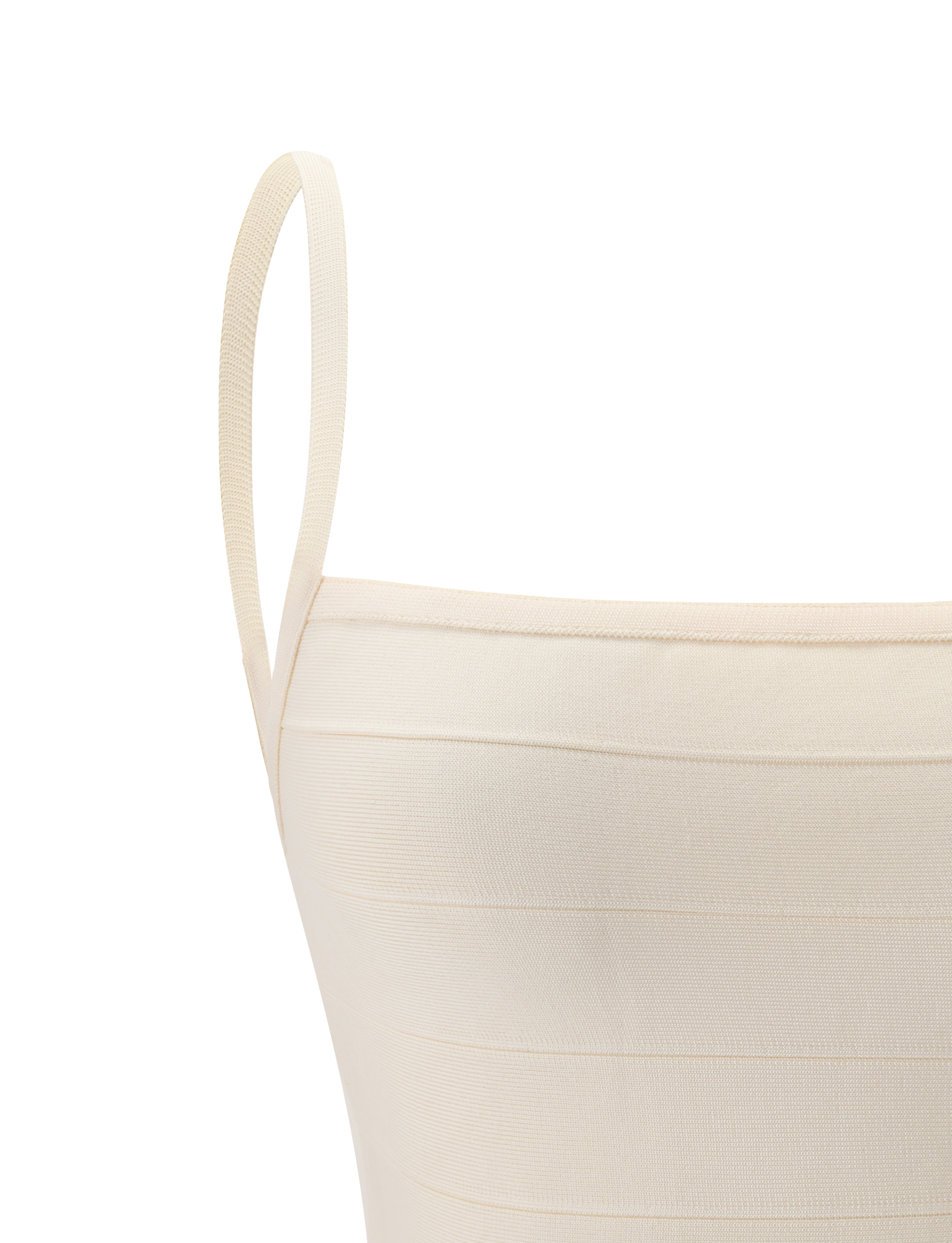 Close-up of the upper part of the TIGERMIST MIDORI BANDAGE TOP in cream, featuring a single thin strap and square neckline. The fabric has a subtle horizontal ribbed texture, adding elegance to this sculpting waist top.