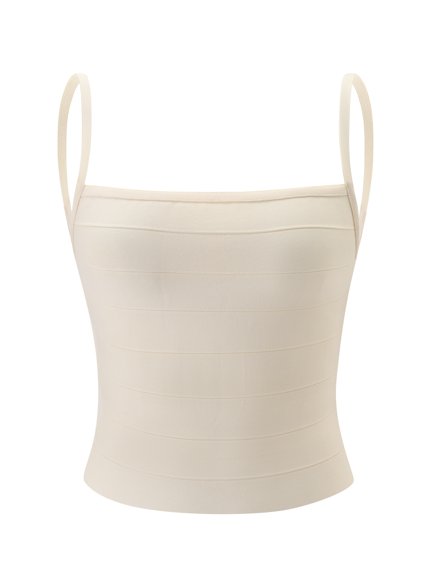 The TIGERMIST MIDORI BANDAGE TOP in cream features a fitted, minimalist design with thin shoulder straps and subtle horizontal seams for a sculpted waist look, showcased against a plain white background.