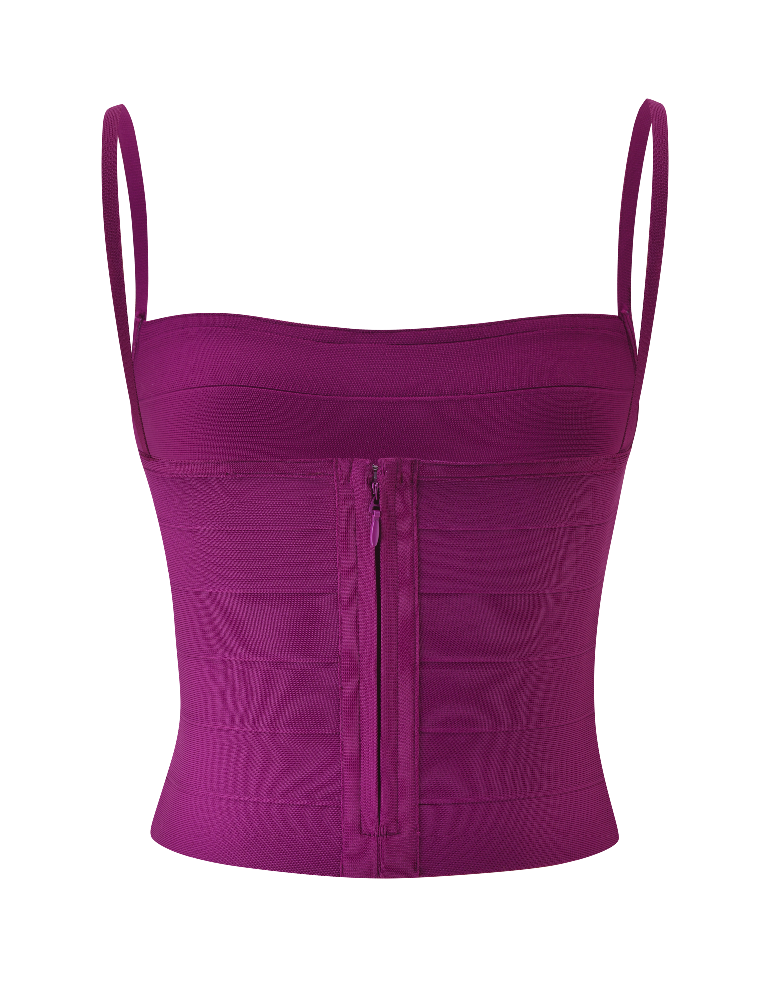 The MIDORI BANDAGE TOP - PLUM by TIGERMIST is a purple, fitted crop top featuring a square neckline, thin shoulder straps, and a front zipper closure in a waist-cinching bandage tank style, displayed on a plain white background.