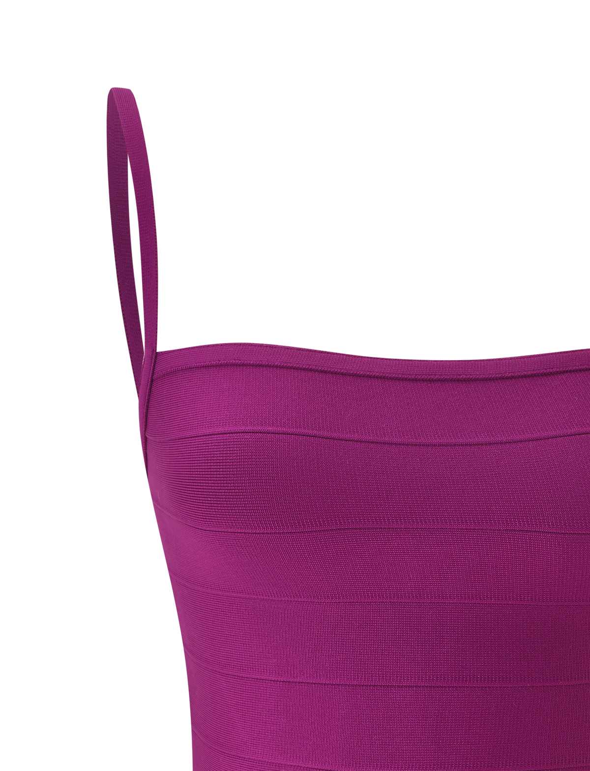 Close-up of the MIDORI BANDAGE TOP by TIGERMIST in plum—a sleeveless design featuring a square neckline, thin shoulder straps, and horizontal textured stripes—displayed against a light background. This waist-cinching top flatters the silhouette for a striking look.