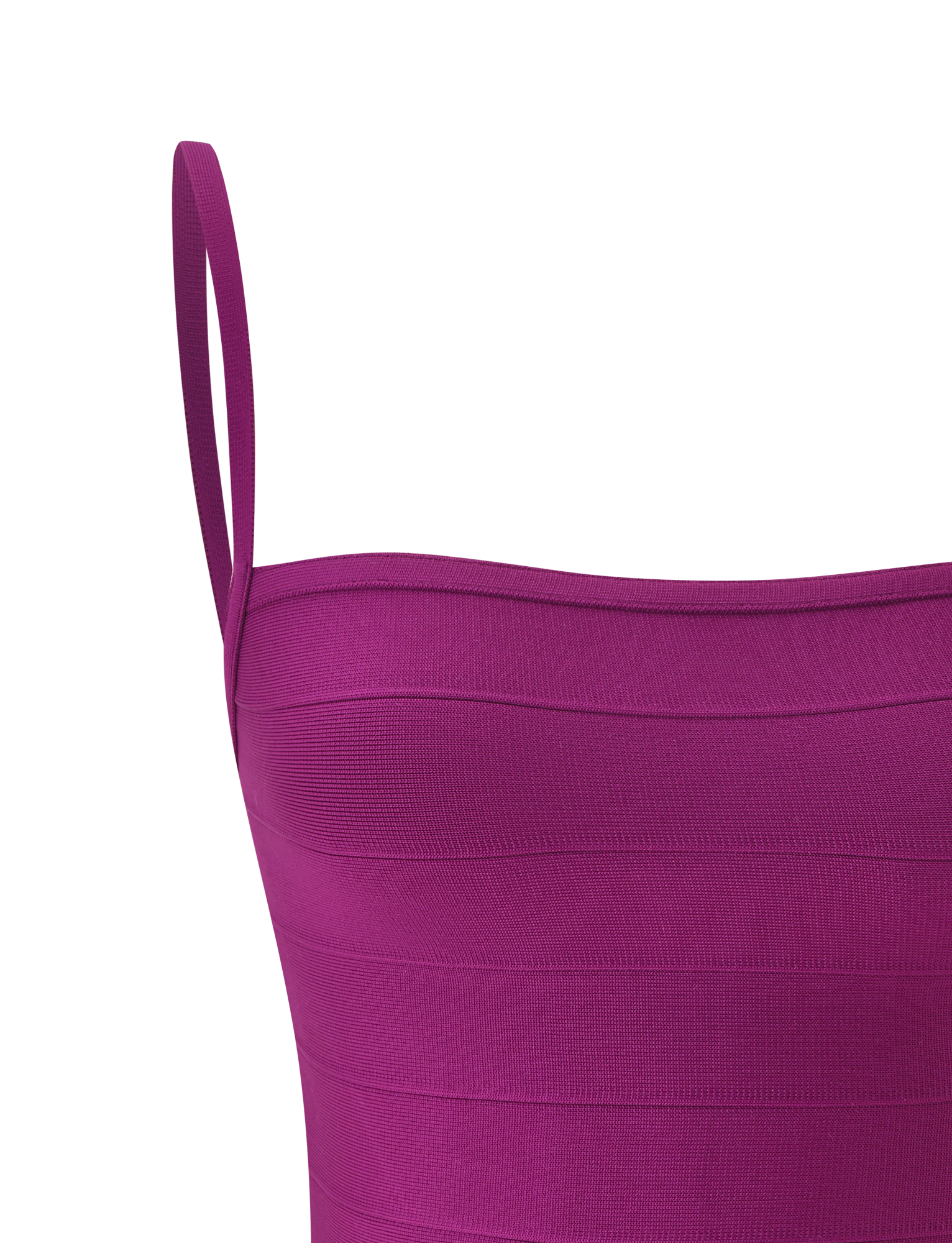 Close-up of the MIDORI BANDAGE TOP by TIGERMIST in plum—a sleeveless design featuring a square neckline, thin shoulder straps, and horizontal textured stripes—displayed against a light background. This waist-cinching top flatters the silhouette for a striking look.