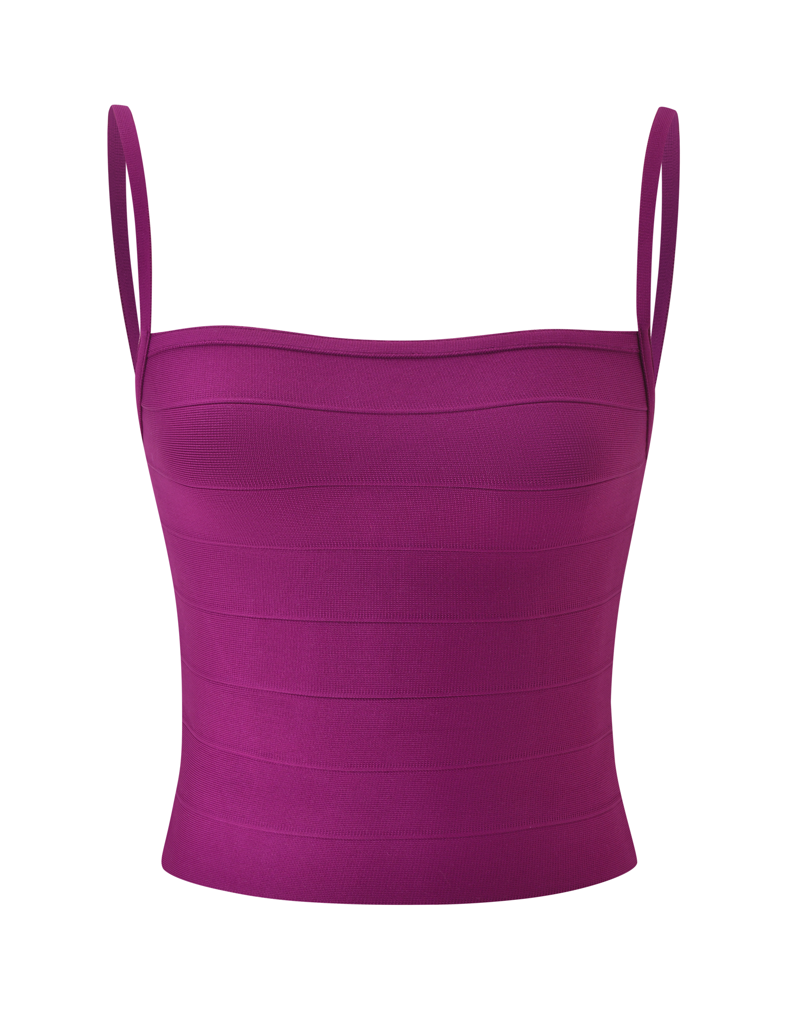 Introducing the TIGERMIST MIDORI BANDAGE TOP in plum: a sleeveless, ribbed bandage tank featuring thin shoulder straps and a flattering square neckline, expertly designed to accentuate the waist, showcased against a plain white background.
