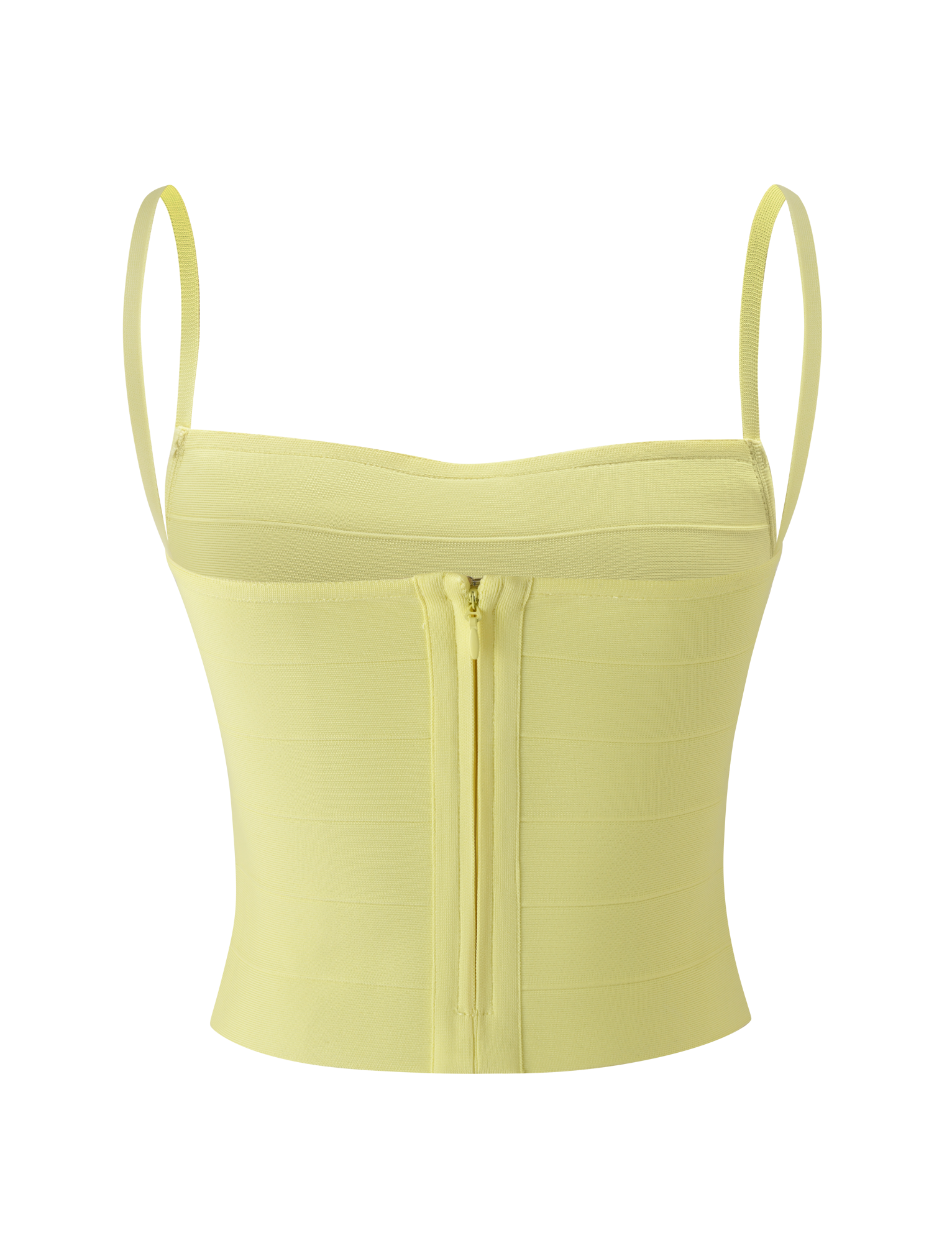 The MIDORI BANDAGE TOP by TIGERMIST is a light yellow fitted top with thin adjustable straps, a straight neckline, and a back zipper. Its structured fabric features horizontal panel detailing for added style.