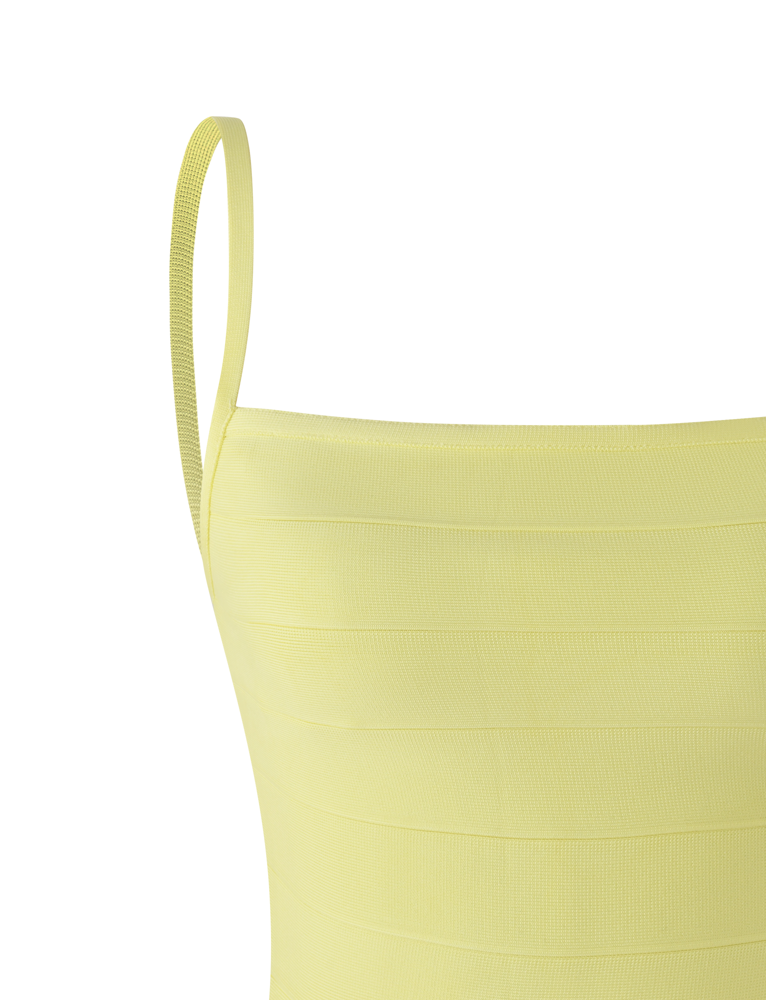 A close-up of the TIGERMIST MIDORI BANDAGE TOP in yellow, featuring a square neckline.