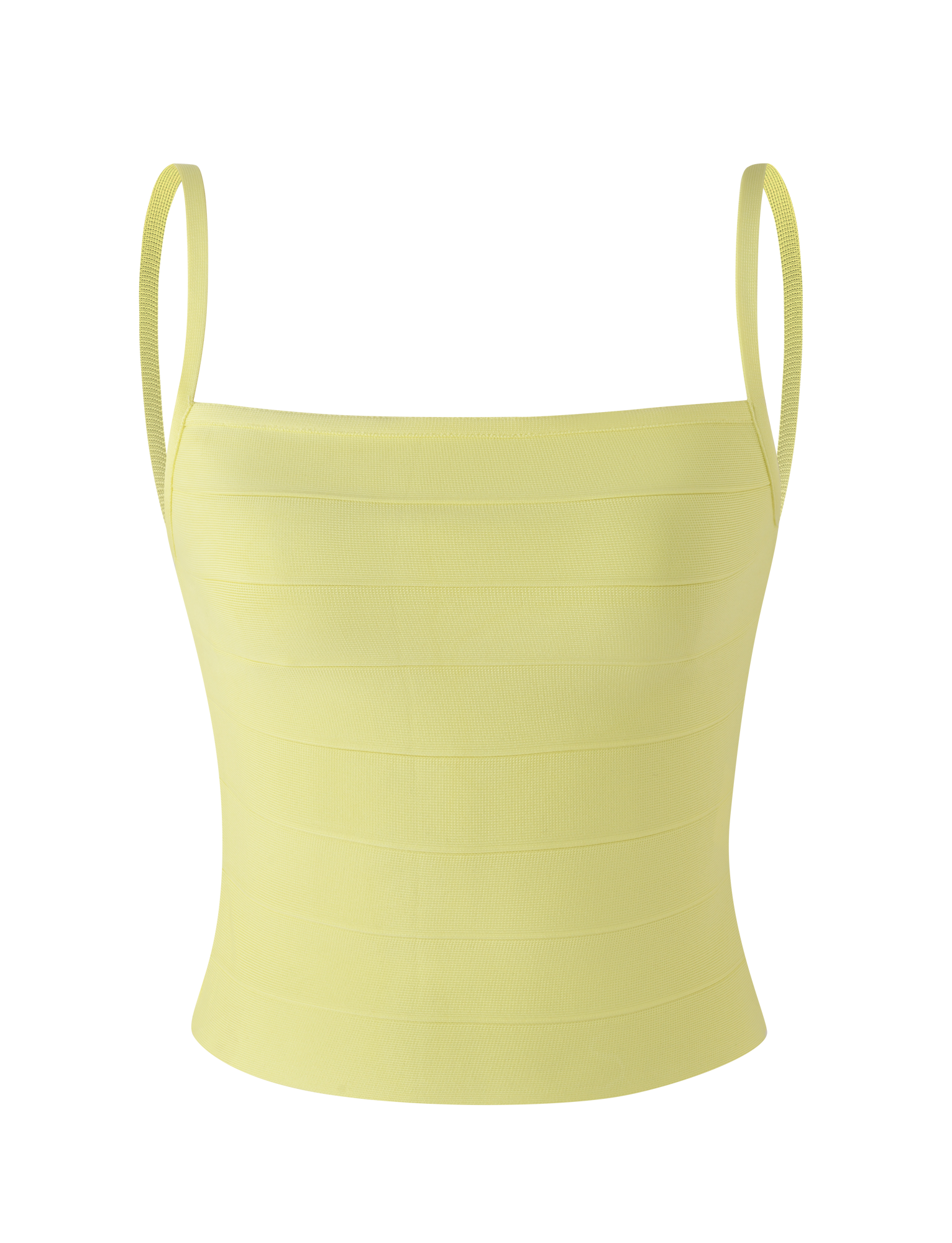 The TIGERMIST MIDORI BANDAGE TOP in yellow features a fitted design, square neckline, thin straps, and horizontal ribbed detailing, displayed against a plain white background.