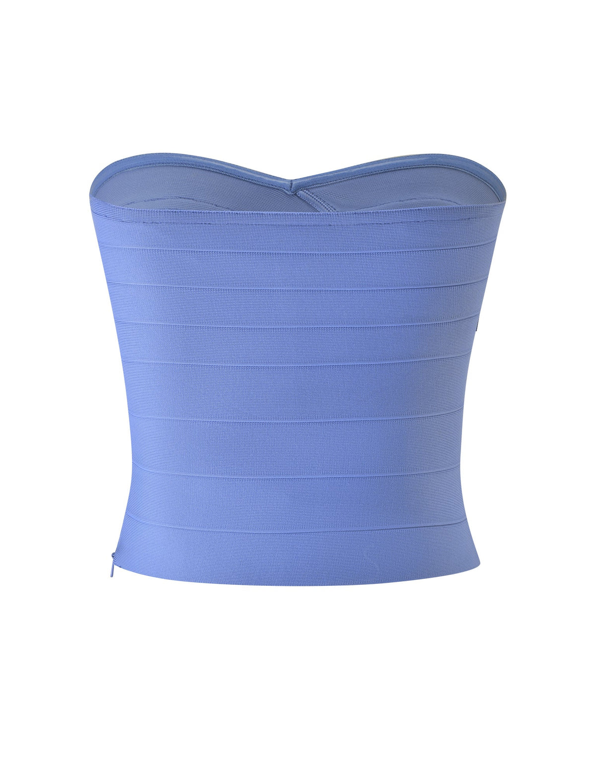 The NIYA BANDAGE TOP by TIGERMIST is a strapless, cornflower blue corset-style top featuring a subtle sweetheart neckline, shown against a plain white background.