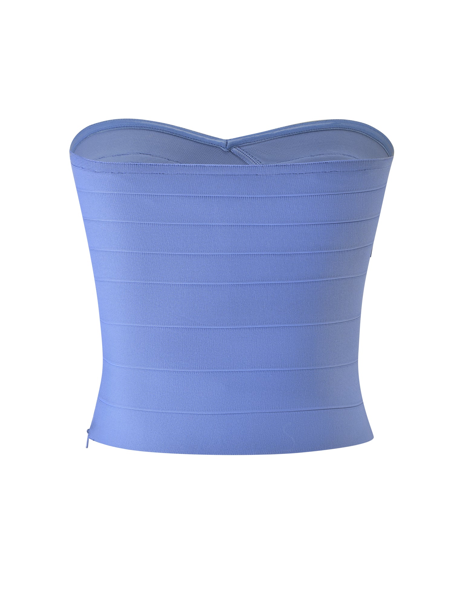 The NIYA BANDAGE TOP by TIGERMIST is a strapless, cornflower blue corset-style top featuring a subtle sweetheart neckline, shown against a plain white background.