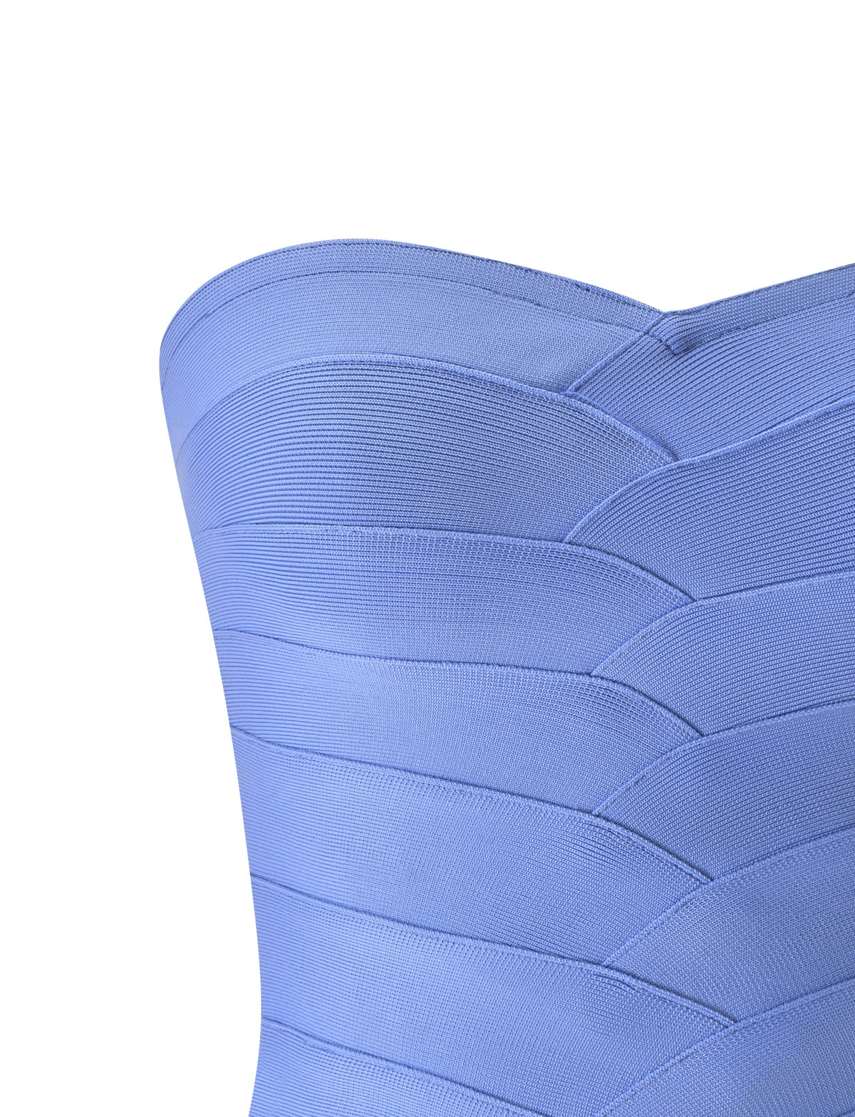 A close-up of the TIGERMIST NIYA BANDAGE TOP in cornflower blue showcases its strapless, bandage corset design with a textured, layered pattern and horizontal ribbing. The image highlights the bodice and upper section of the top, featuring a subtle sweetheart neckline that creates an elegant silhouette.