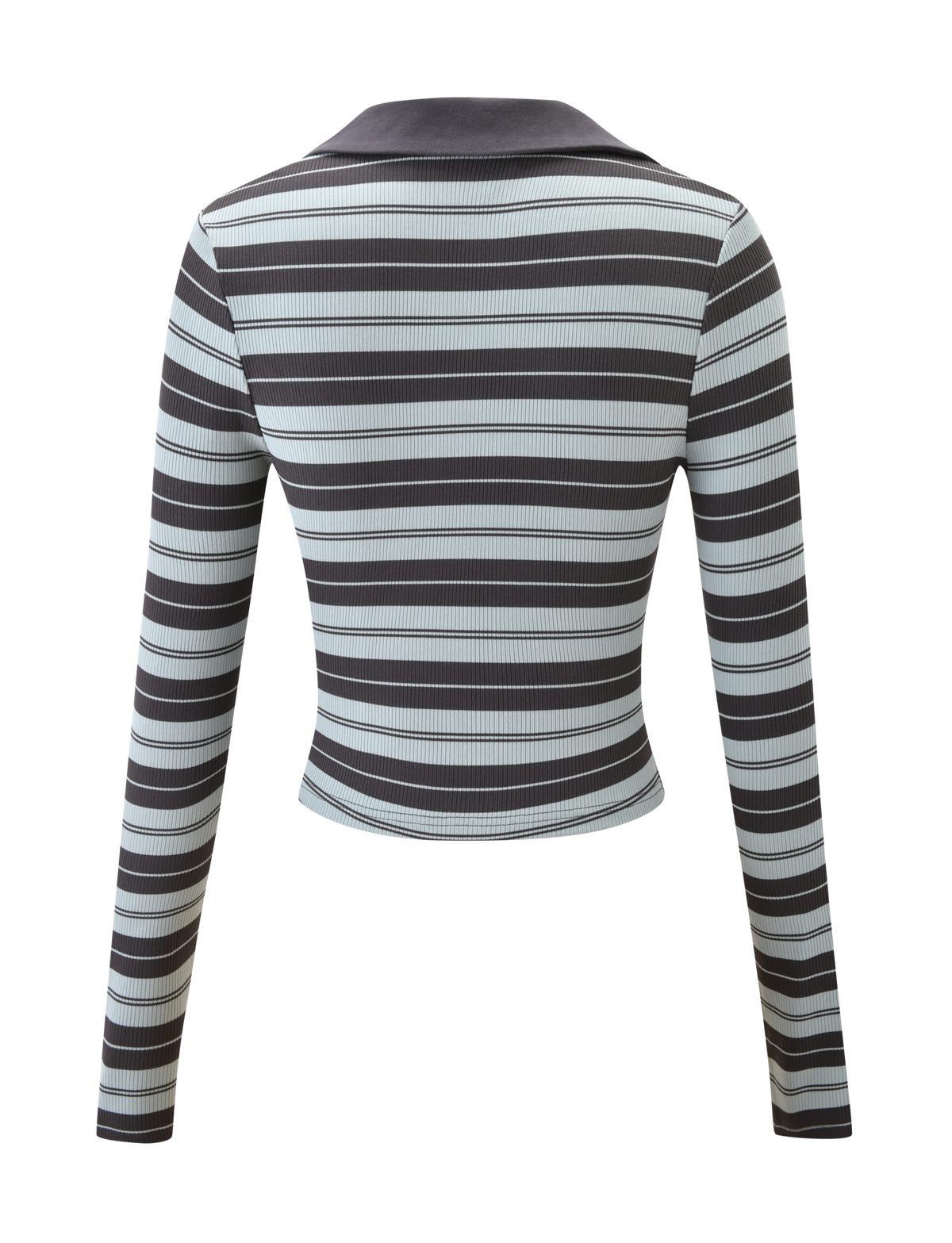 The KAYDIN LONG SLEEVE TOP - BLUE STRIPE by TIGERMIST features horizontal black and blue stripes, a ribbed knit texture, a stylish collar, and a fitted, cropped cut, shown from the back.