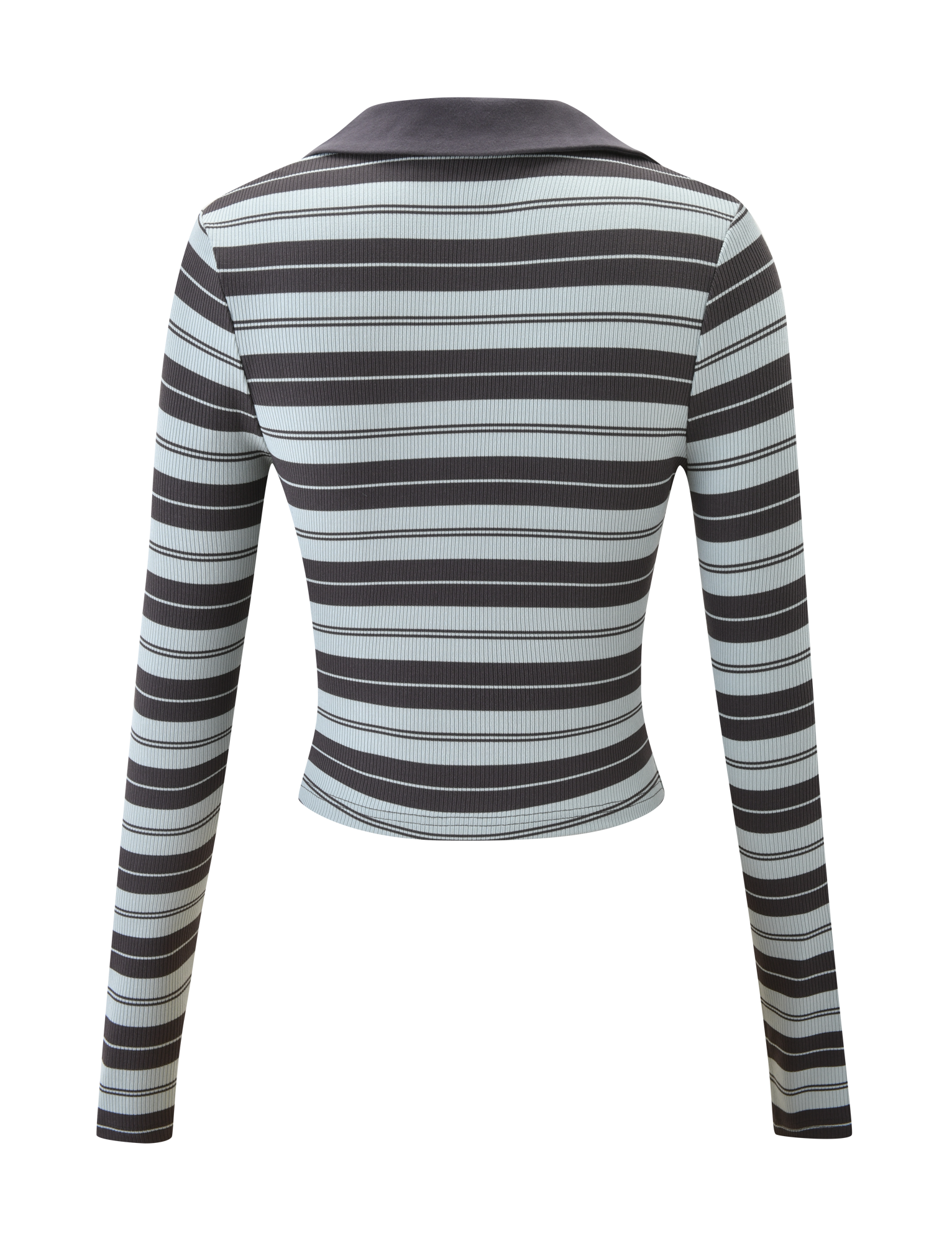 The KAYDIN LONG SLEEVE TOP - BLUE STRIPE by TIGERMIST features horizontal black and blue stripes, a ribbed knit texture, a stylish collar, and a fitted, cropped cut, shown from the back.