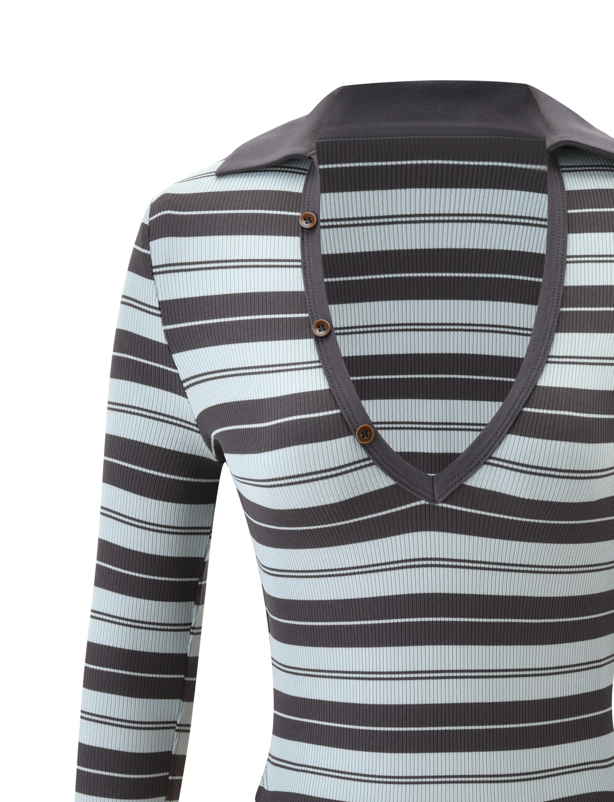 A close-up of the TIGERMIST KAYDIN LONG SLEEVE TOP - BLUE STRIPE, featuring black and light blue horizontal stripes, a deep V-neckline with a partial collar, and three small brown buttons along the neck.
