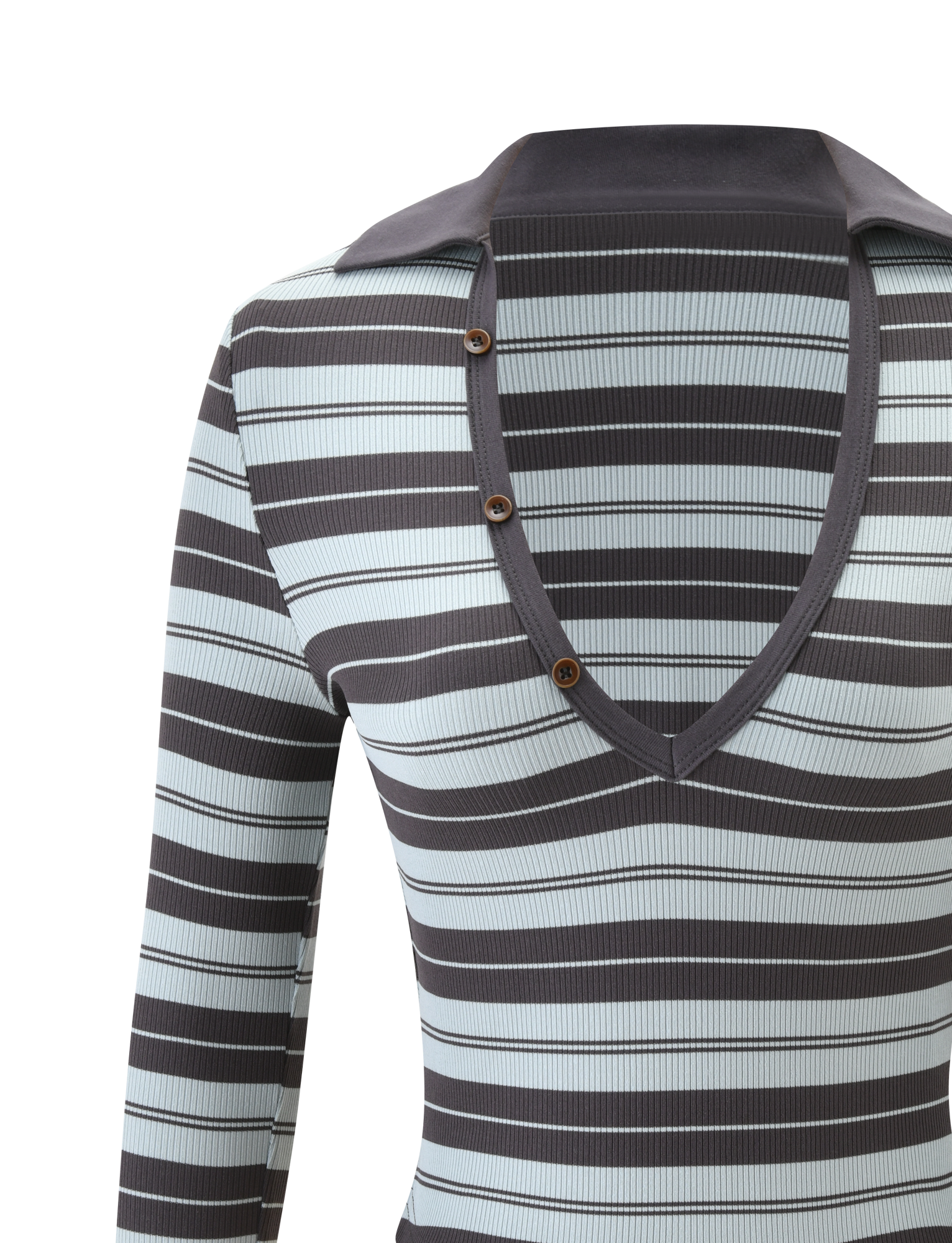A close-up of the TIGERMIST KAYDIN LONG SLEEVE TOP - BLUE STRIPE, featuring black and light blue horizontal stripes, a deep V-neckline with a partial collar, and three small brown buttons along the neck.