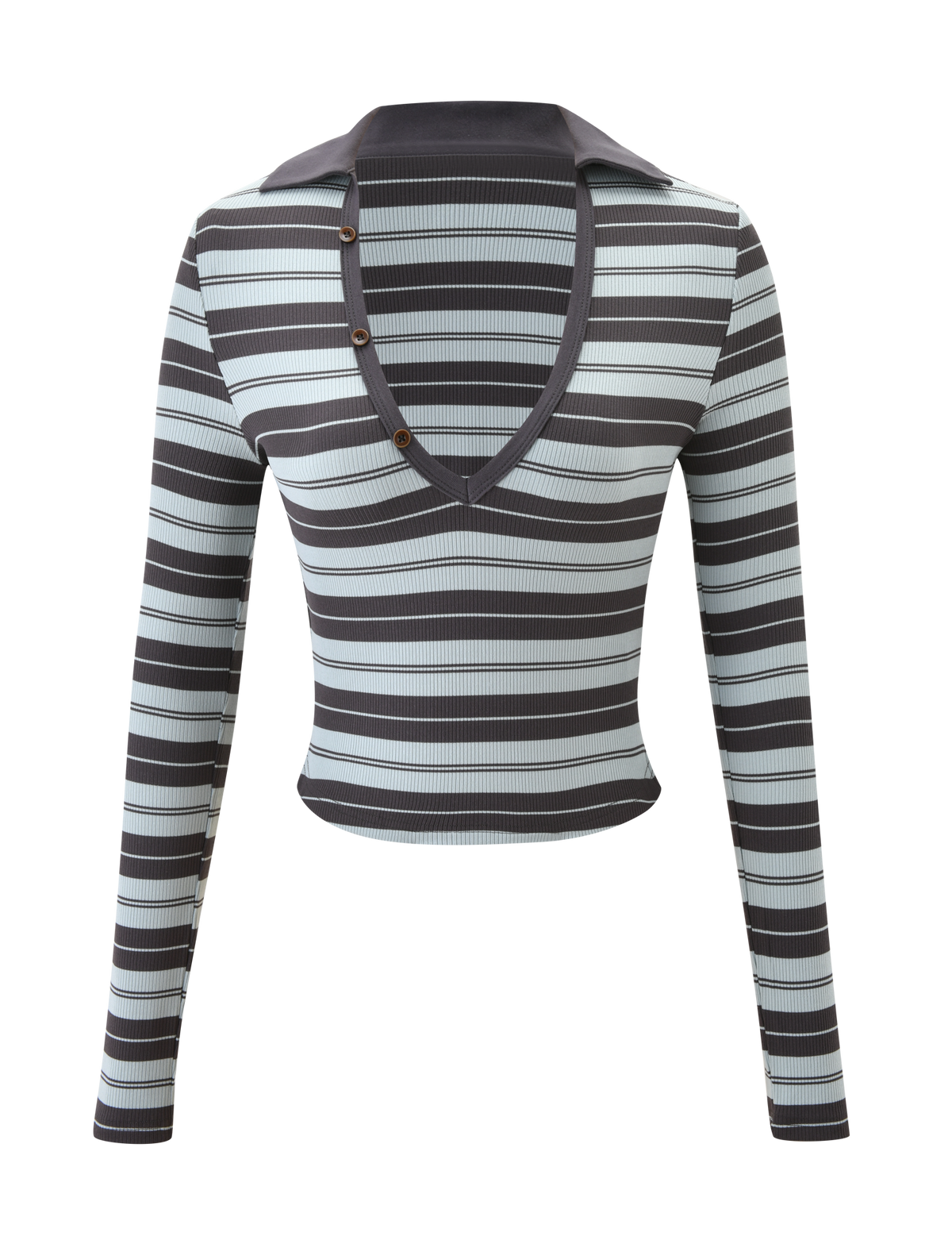 The TIGERMIST KAYDIN LONG SLEEVE TOP - BLUE STRIPE features horizontal black, gray, and blue stripes, a deep V-neck with a wide collar, and chic asymmetric button detailing along one side of the neckline.
