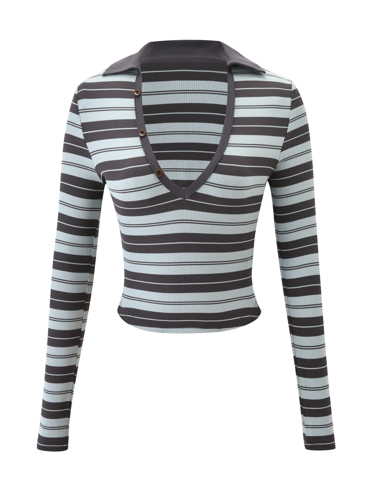 The TIGERMIST KAYDIN LONG SLEEVE TOP - BLUE STRIPE features horizontal black, gray, and blue stripes, a deep V-neck with a wide collar, and chic asymmetric button detailing along one side of the neckline.